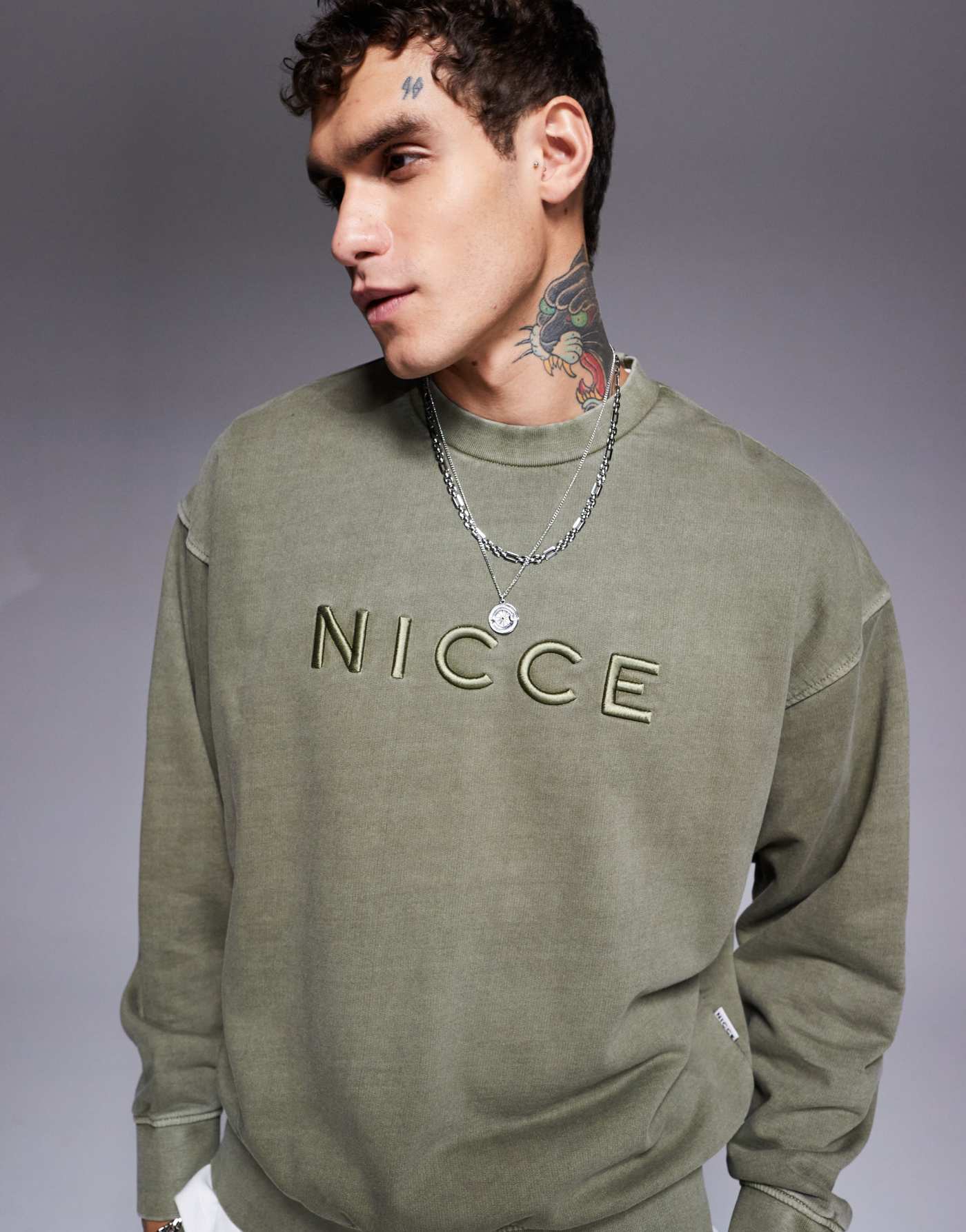 Nicce co-ord logo washed crew neck sweat in khaki