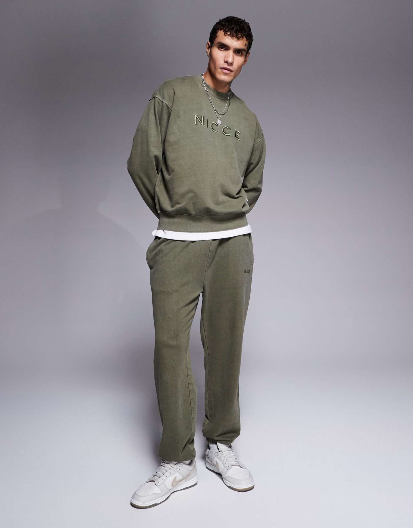 Nicce co-ord logo washed crew neck sweat in khaki