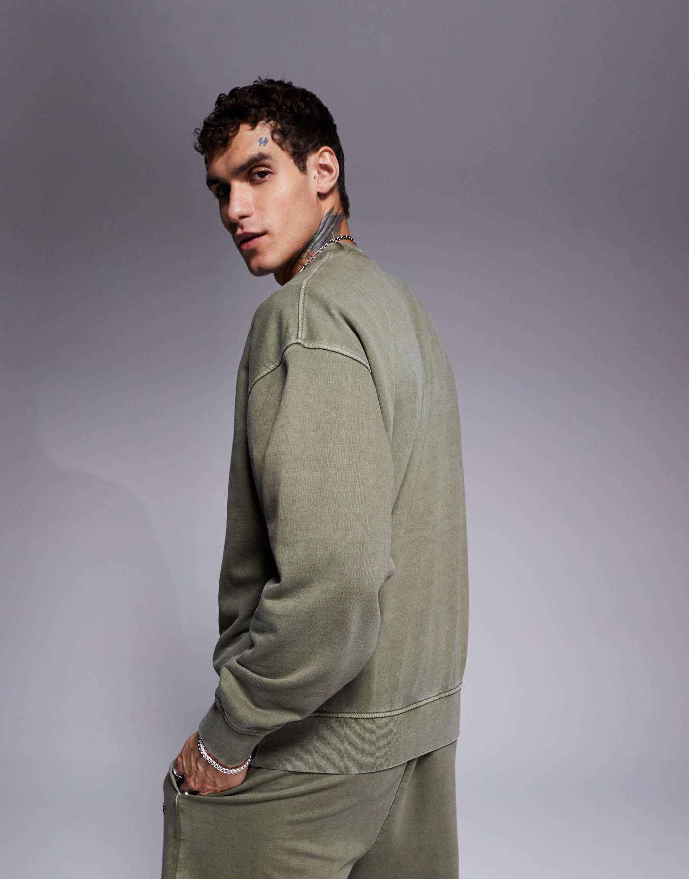 Nicce co-ord logo washed crew neck sweat in khaki