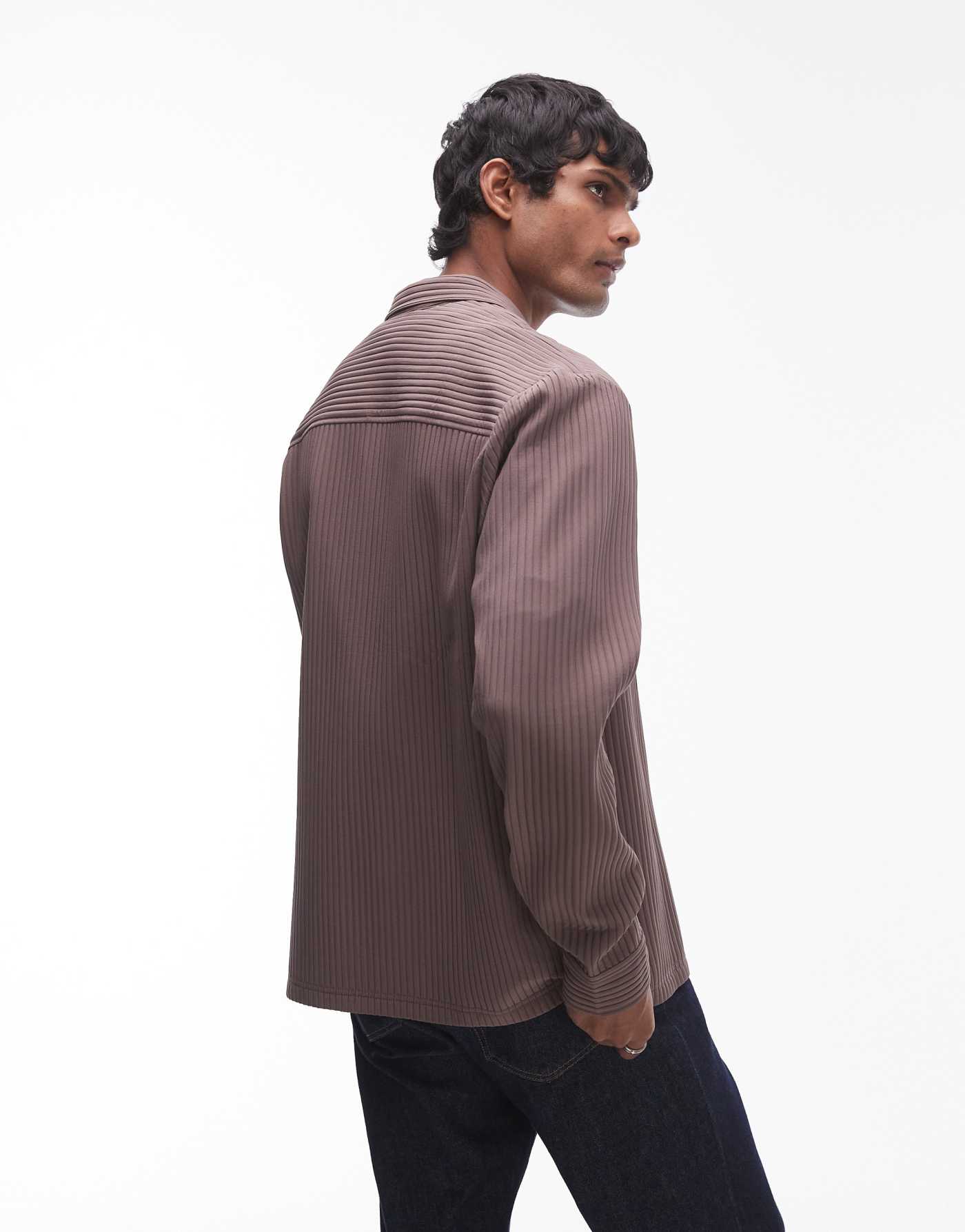 Topman long sleeve chunky plisse in chocolate