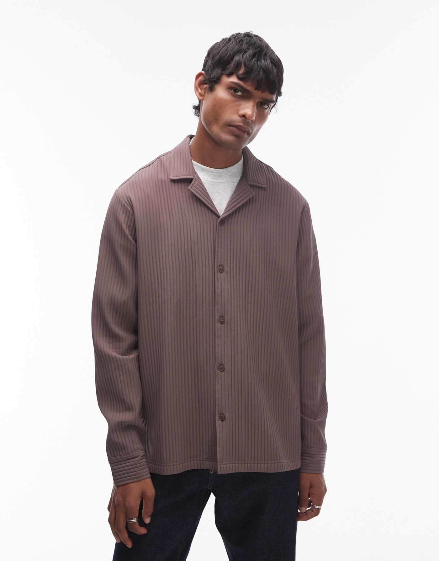 Topman long sleeve chunky plisse in chocolate