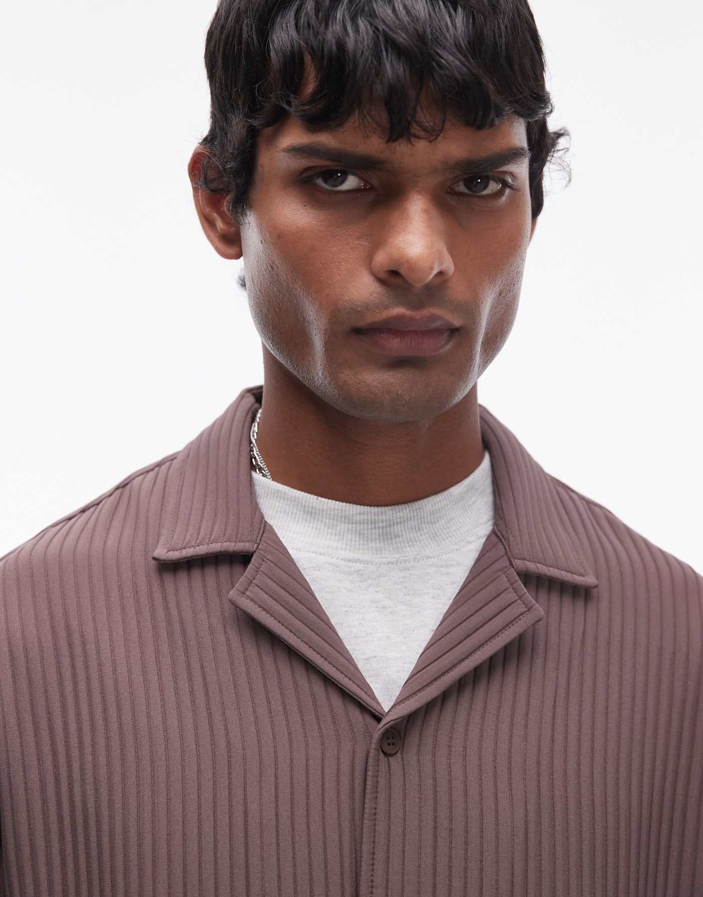 Topman long sleeve chunky plisse in chocolate