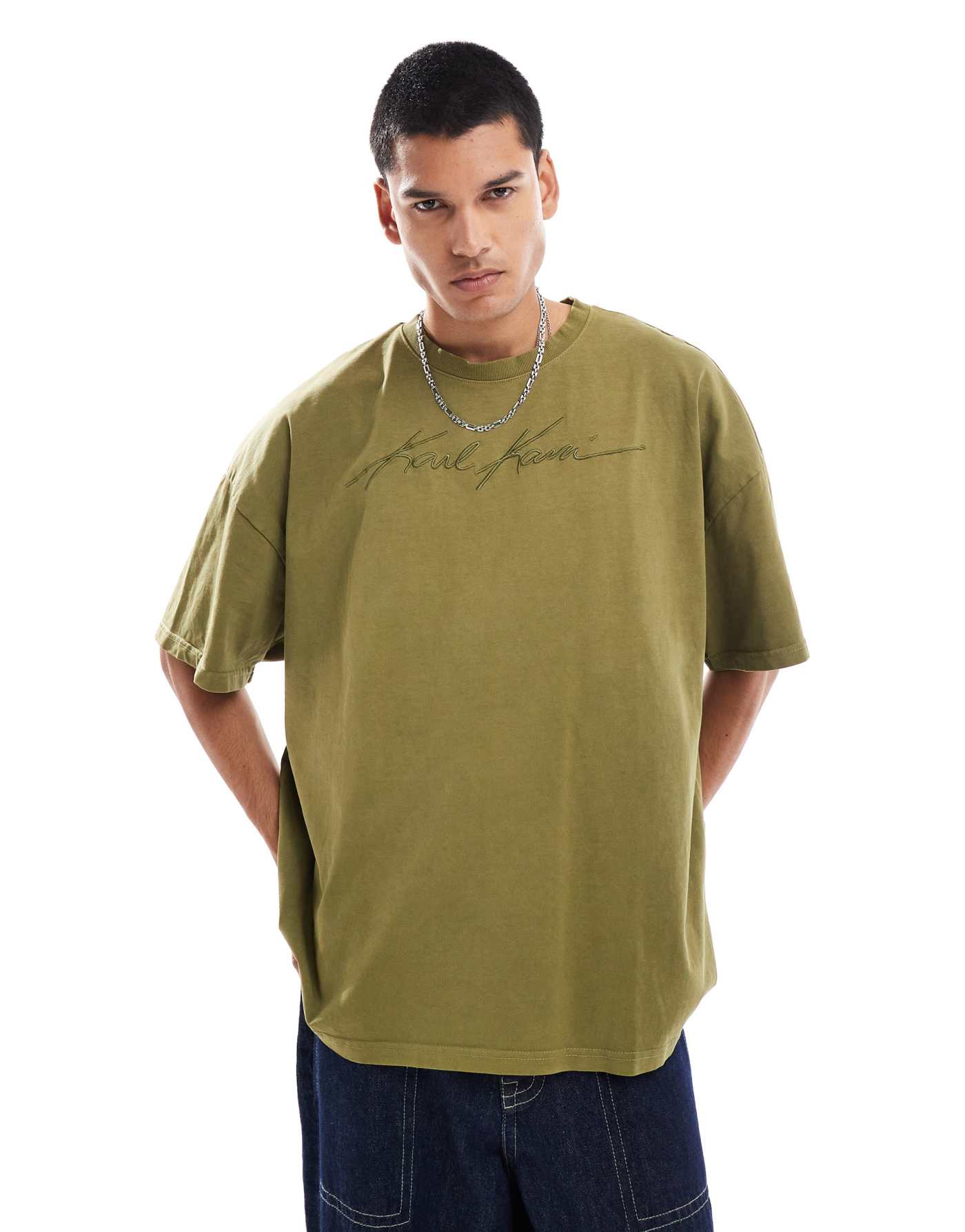 Karl Kani autograph heavy boxy t-shirt in olive green