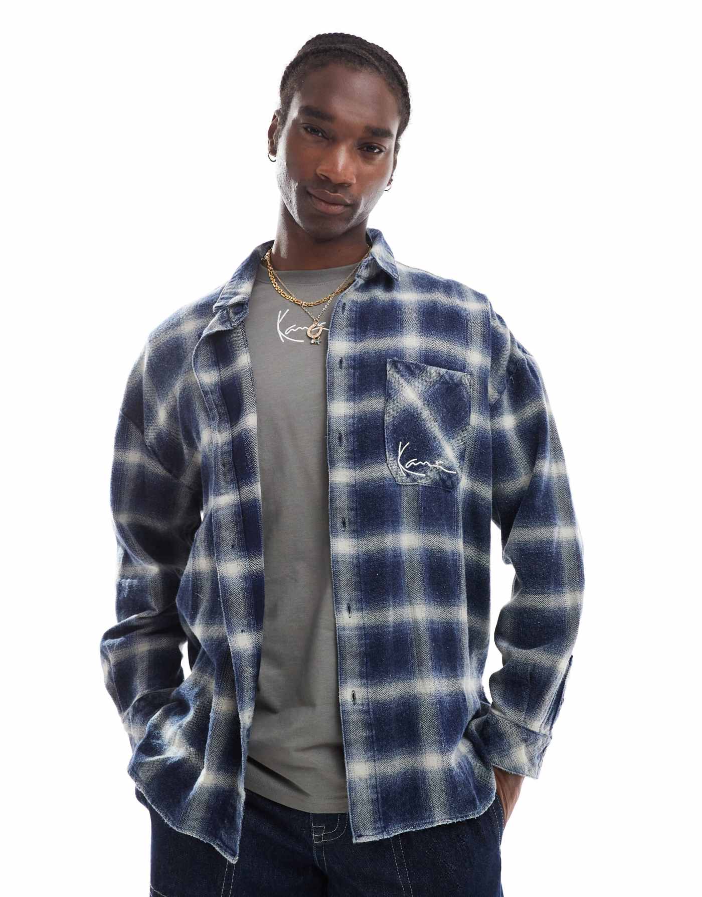 Karl Kani signature distressed checked overshirt in multi