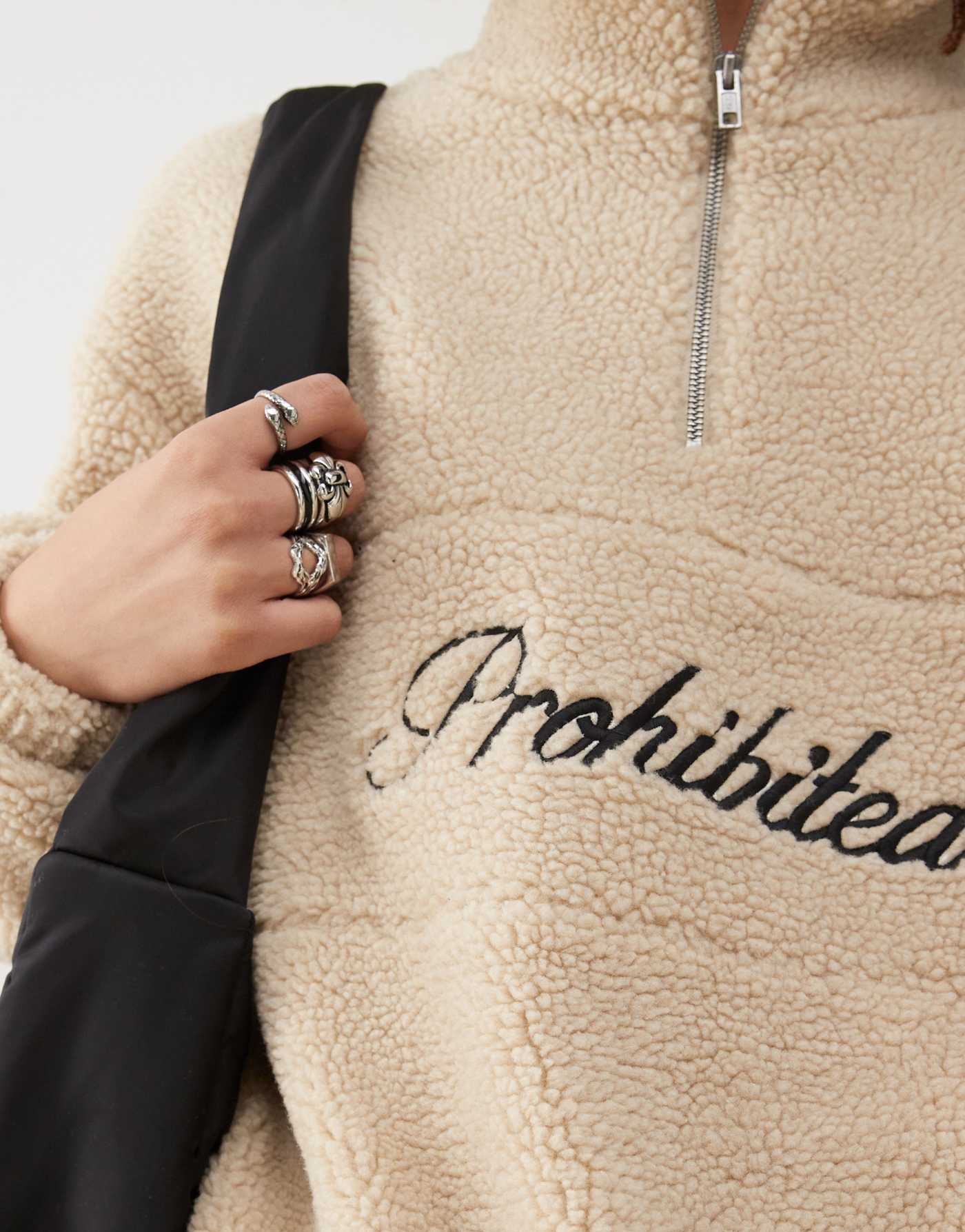 Prohibited half-zip borg sweatshirt with script logo detail in cream