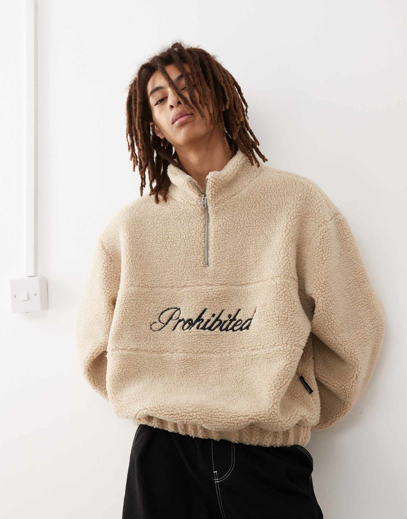 Prohibited half-zip borg sweatshirt with script logo detail in cream