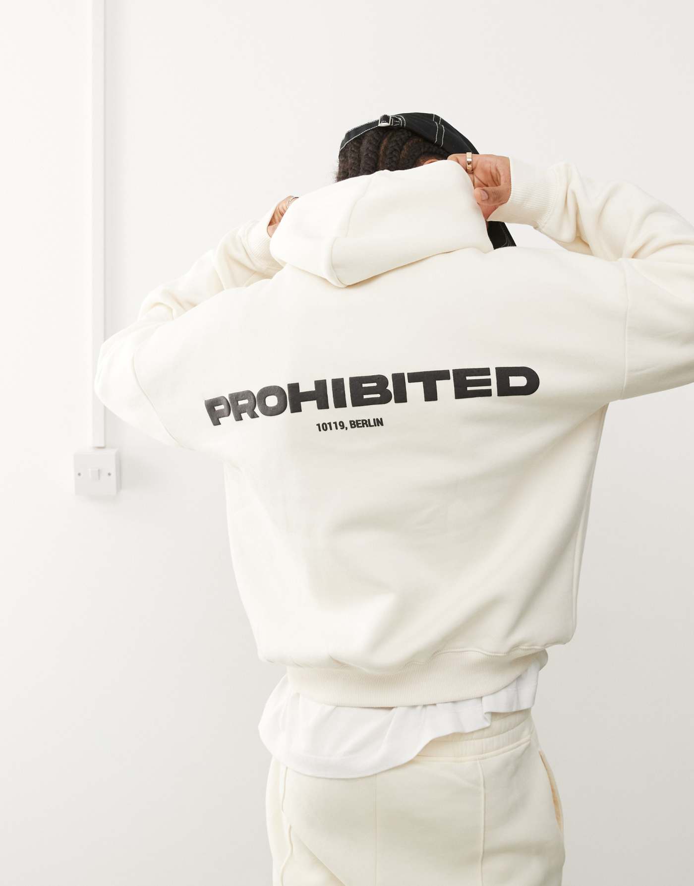 Prohibited back print logo hoodie in cream