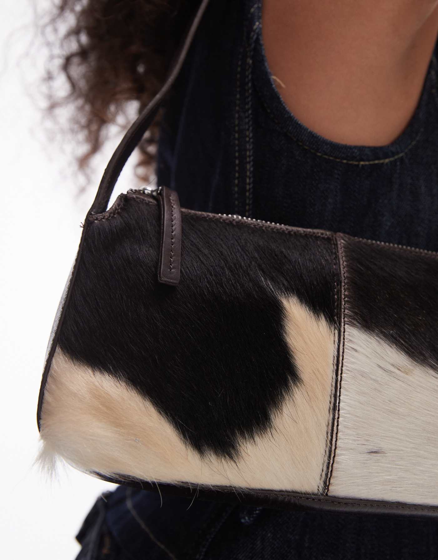 Mango cow print leather shoulder bag in brown