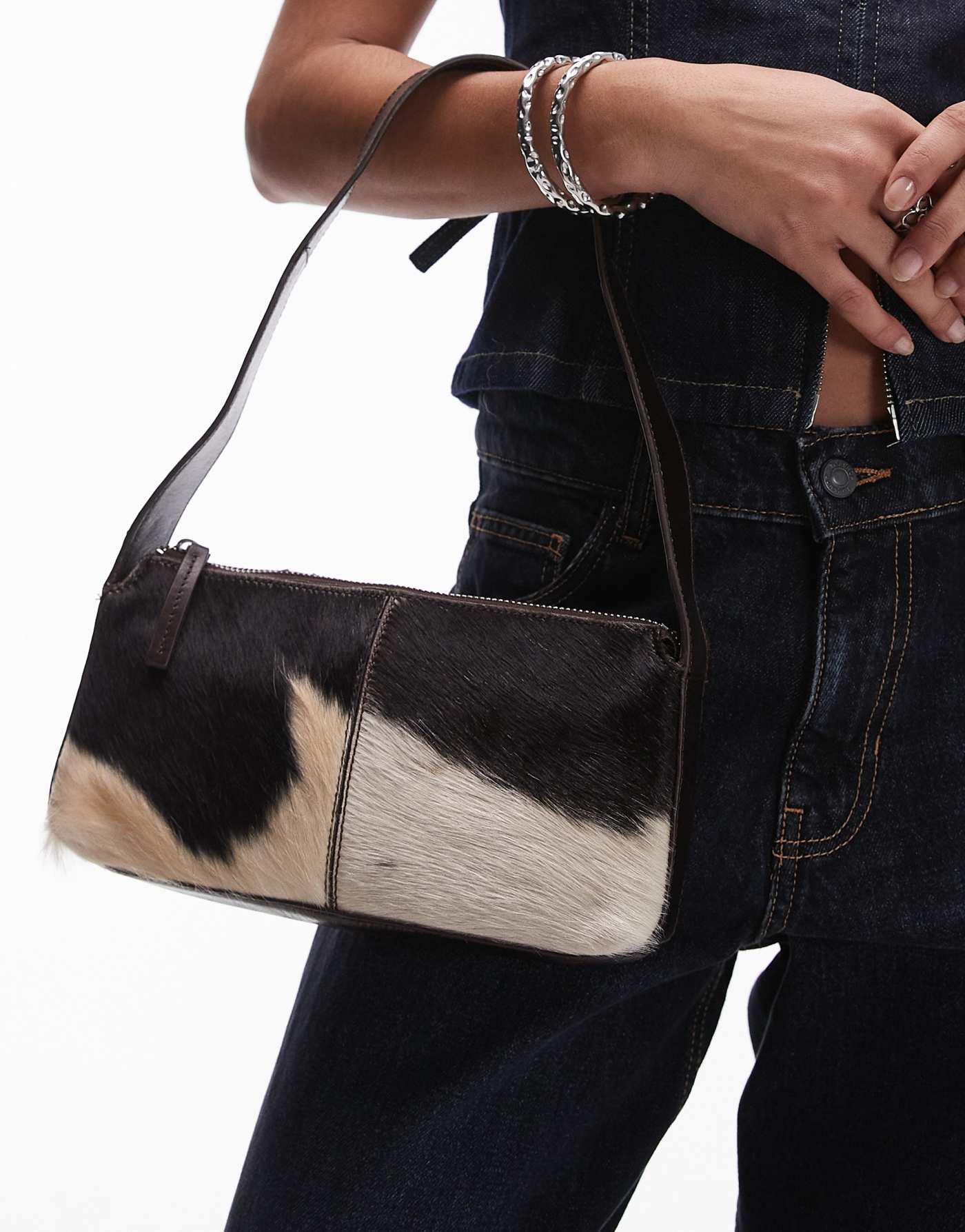 Mango cow print leather shoulder bag in brown