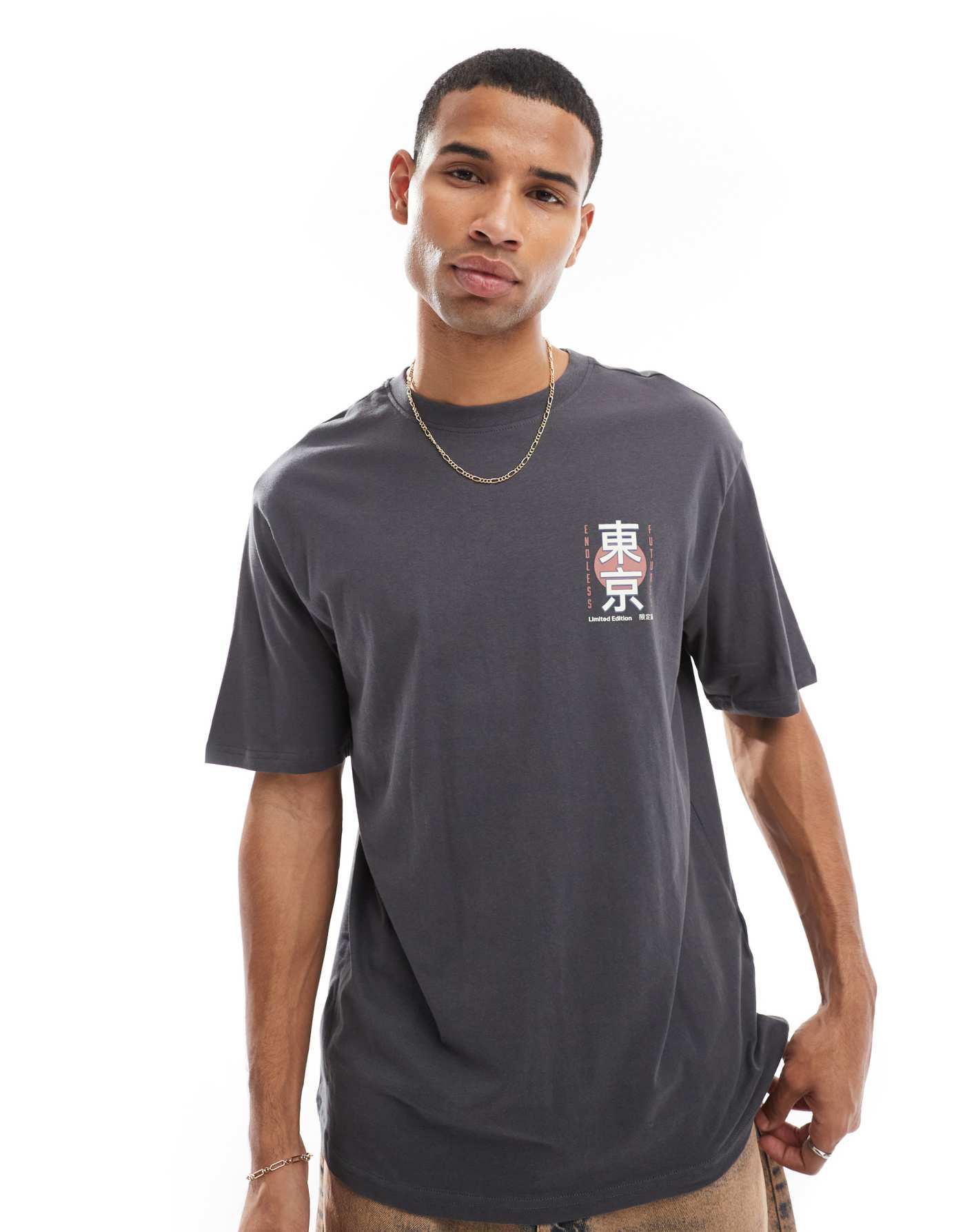 ONLY & SONS relaxed fit t-shirt with wave back print in charcoal