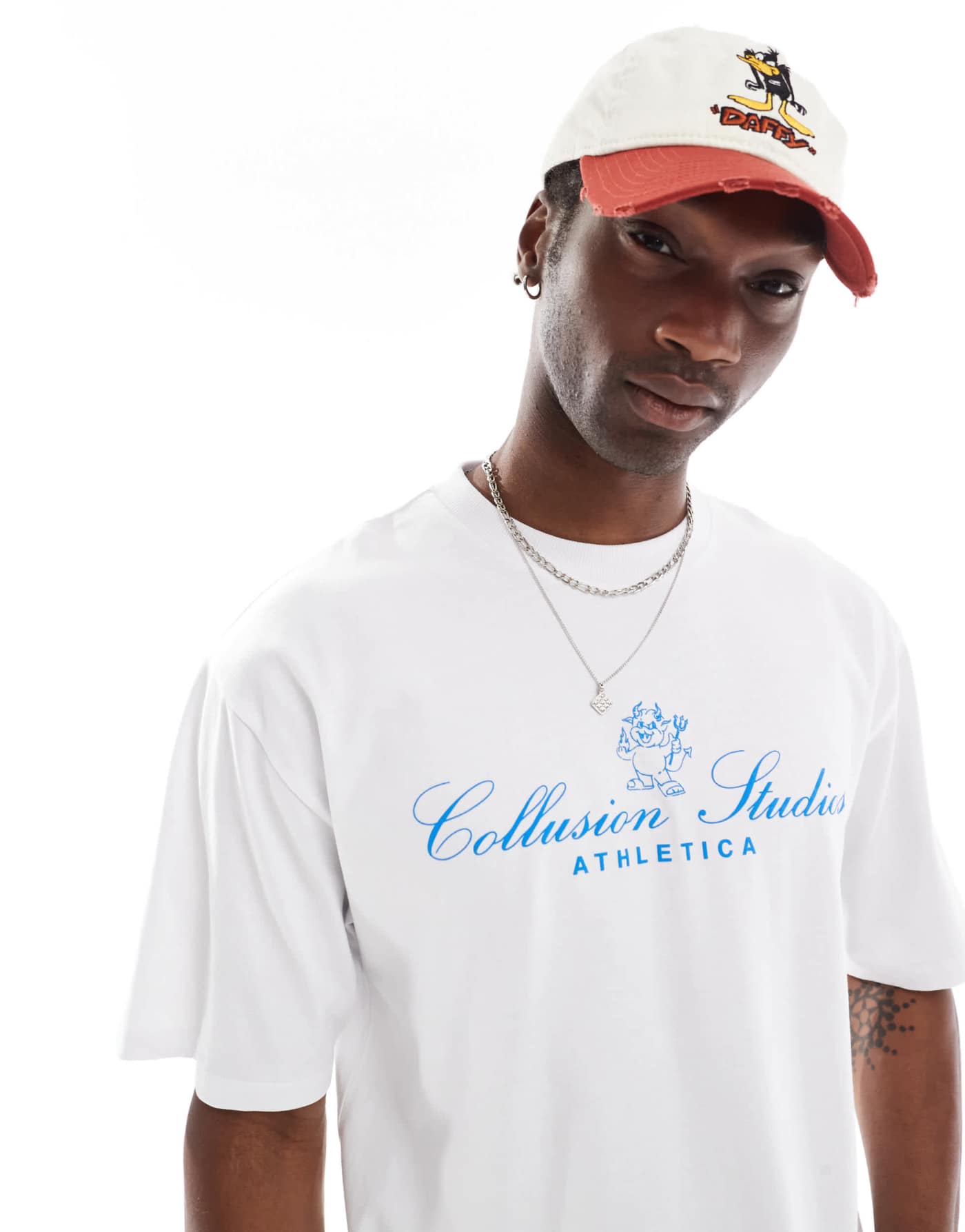 COLLUSION White boxy crop t-shirt with blue print