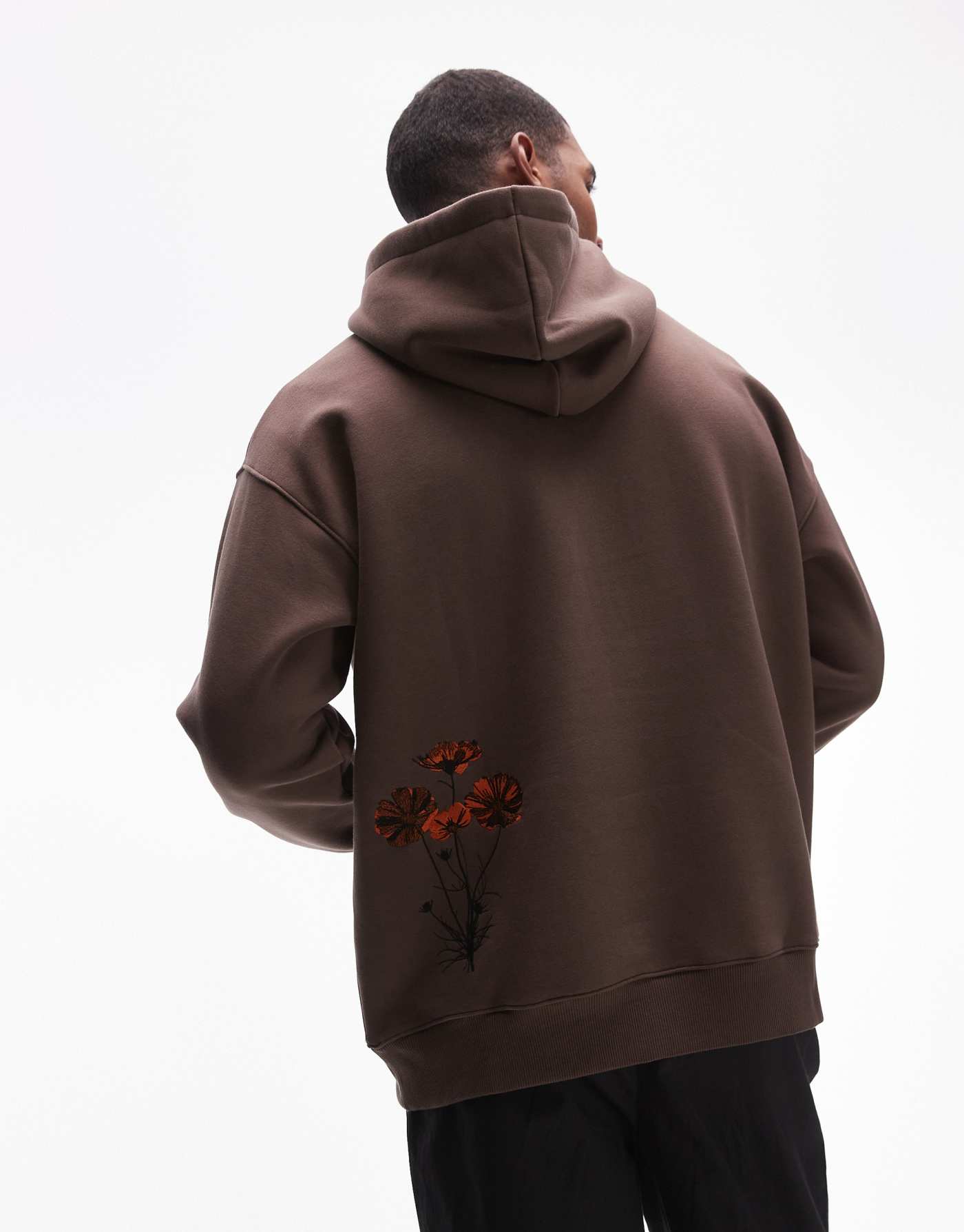 Topman oversized fit hoodie with floral print and embroidery in brown