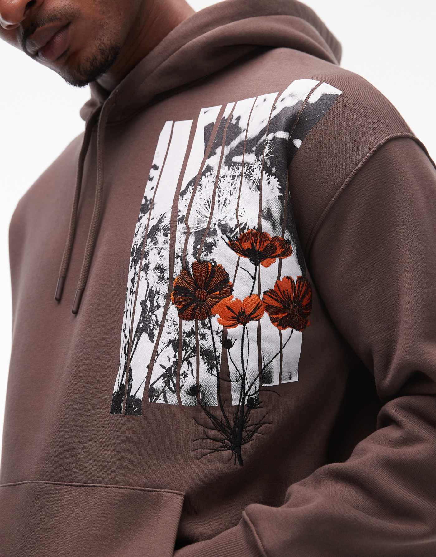 Topman oversized fit hoodie with floral print and embroidery in brown