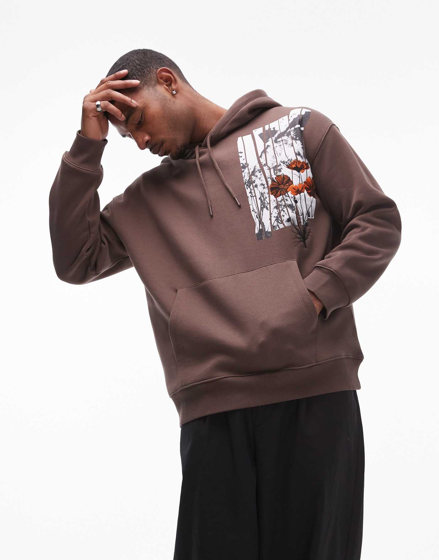 Topman oversized fit hoodie with floral print and embroidery in brown