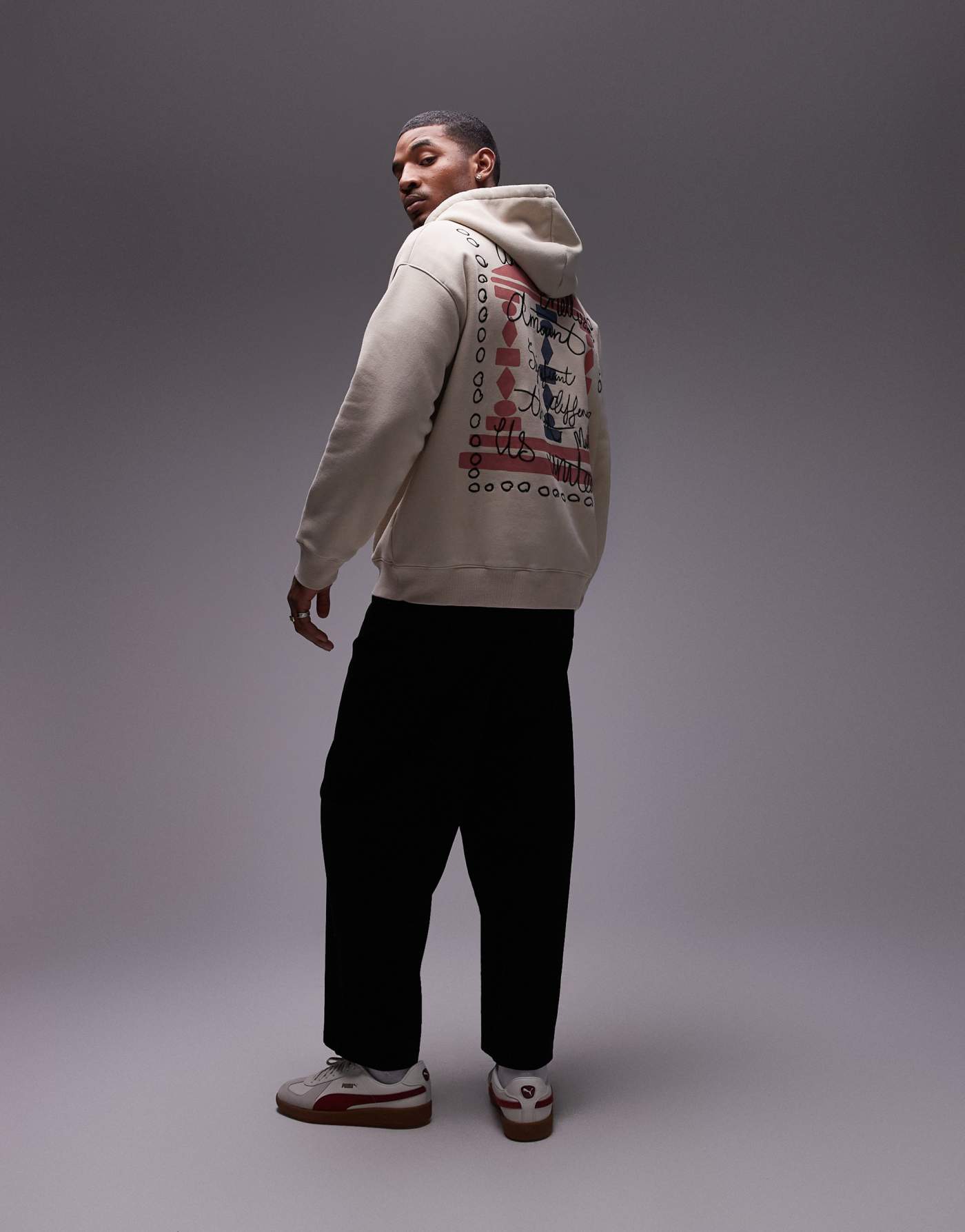 Topman oversized fit hoodie with front and back block column print and embroidery in washed stone