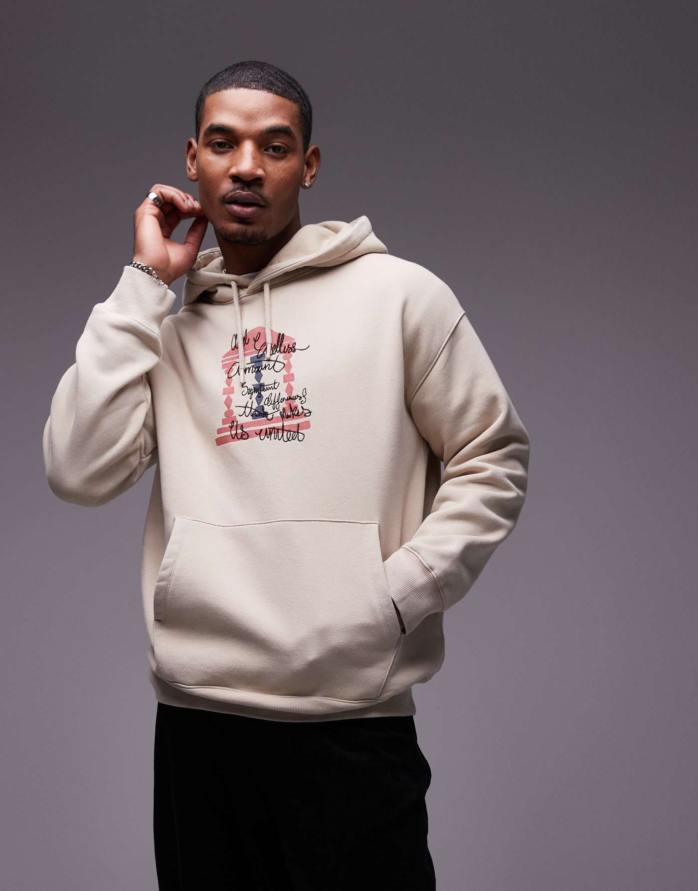 Topman oversized fit hoodie with front and back block column print and embroidery in washed stone