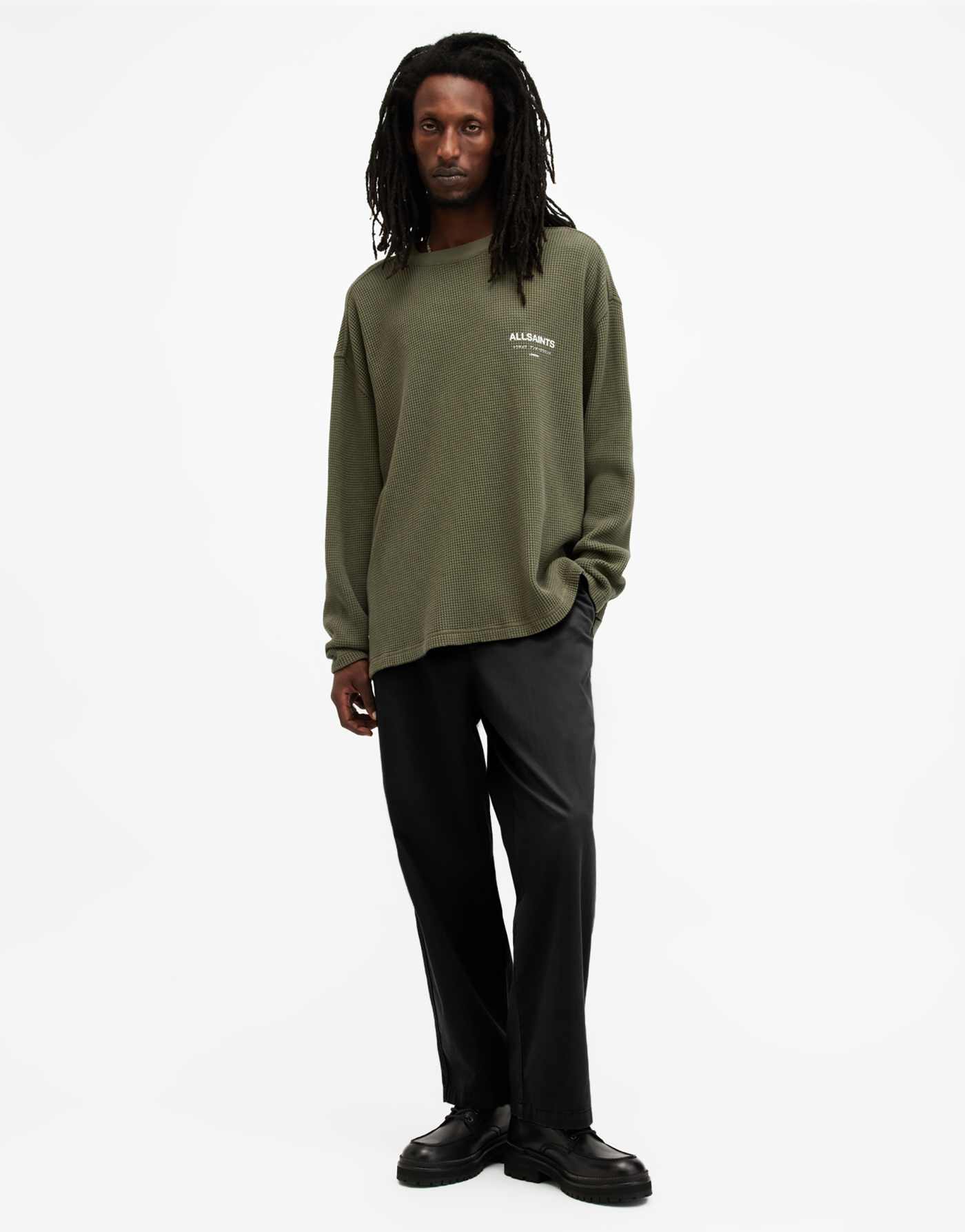 AllSaints Crypt Underground waffle long sleeve t-shirt in green