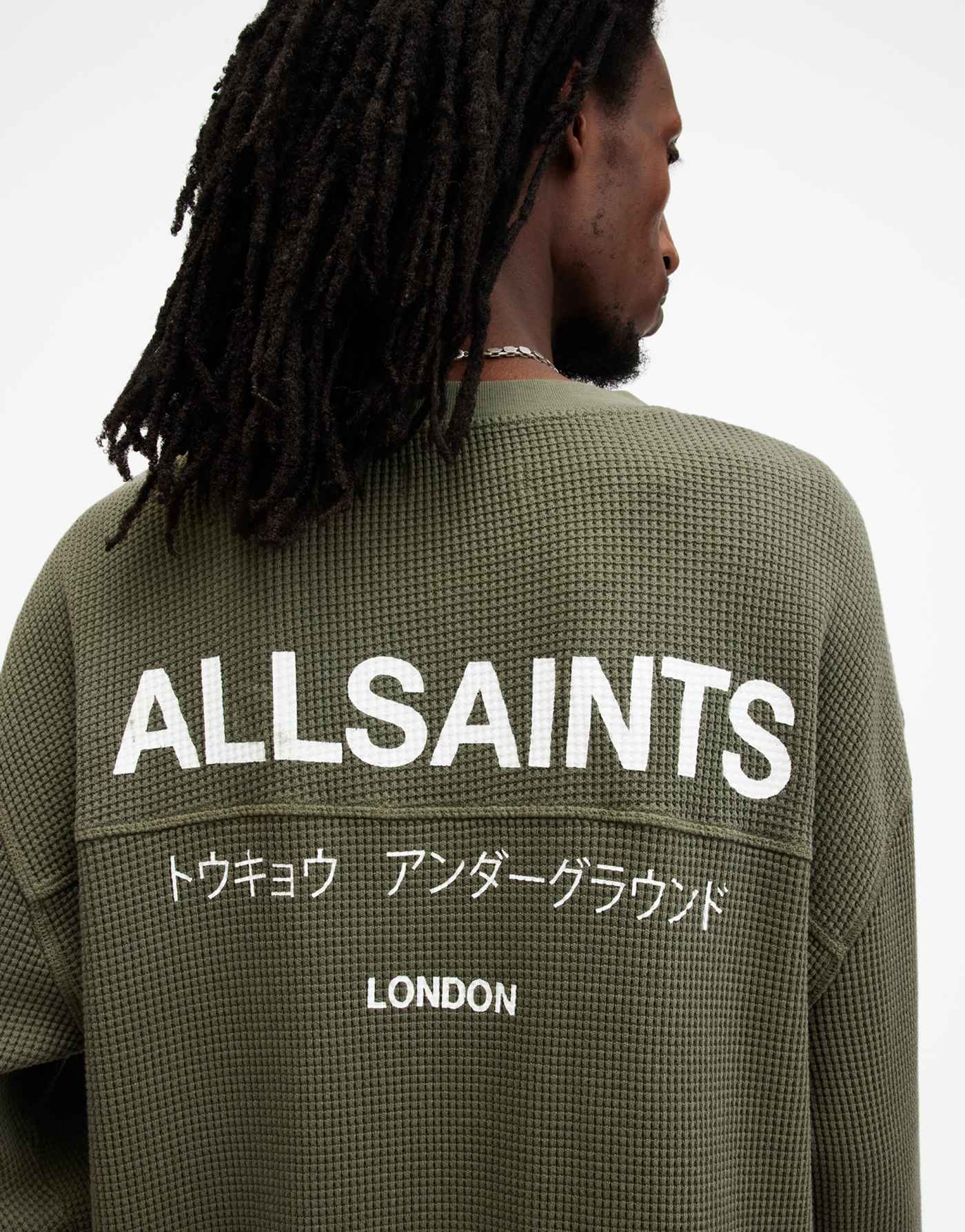 AllSaints Crypt Underground waffle long sleeve t-shirt in green