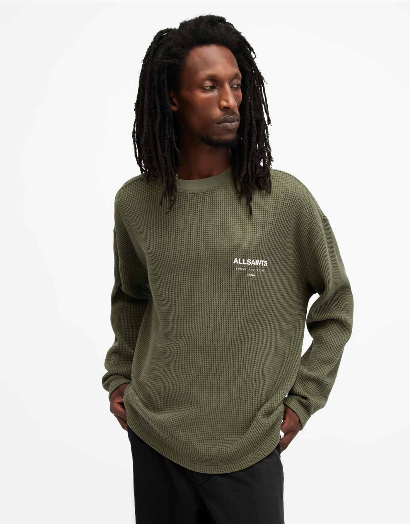 AllSaints Crypt Underground waffle long sleeve t-shirt in green