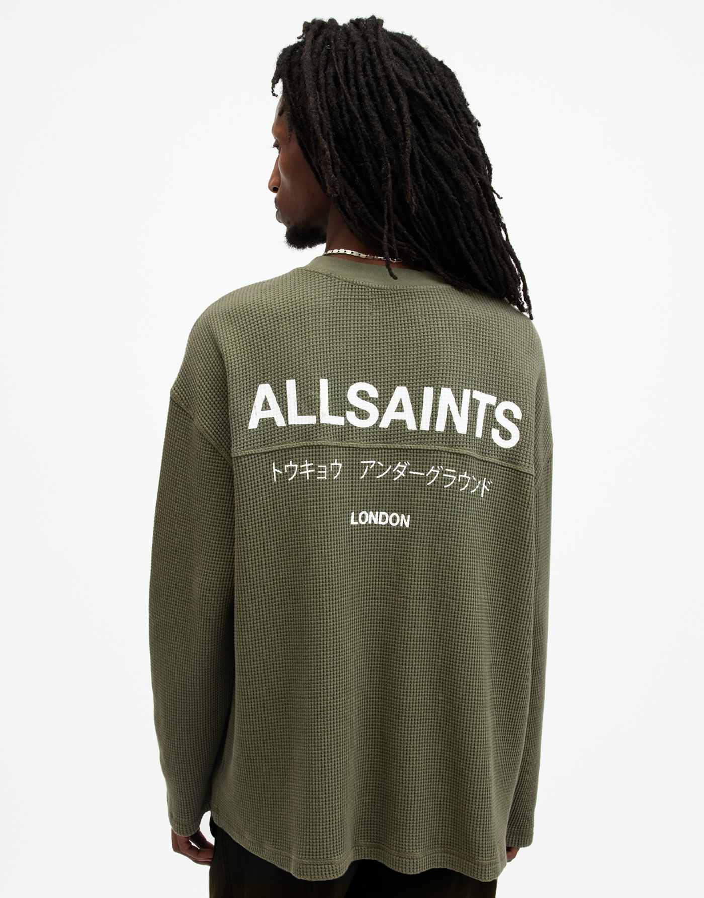 AllSaints Crypt Underground waffle long sleeve t-shirt in green