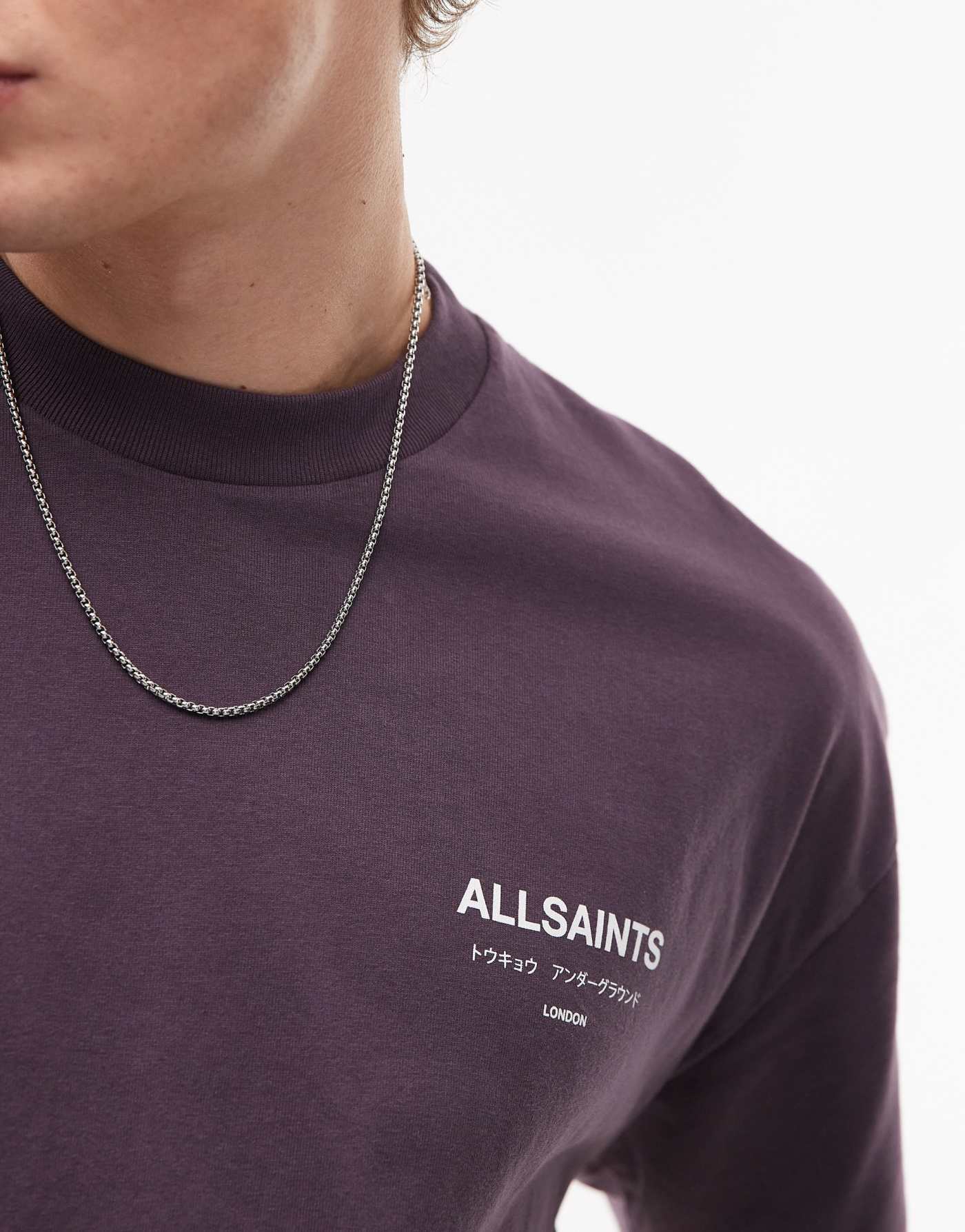 AllSaints Underground oversized t-shirt in cosmic purple