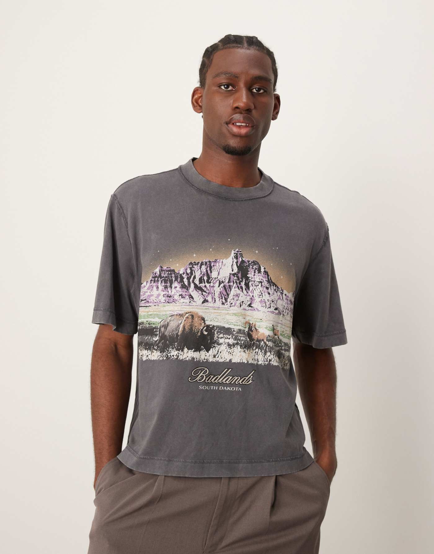 Abercrombie & Fitch National Parks Badlands print acid wash crop t-shirt in charcoal