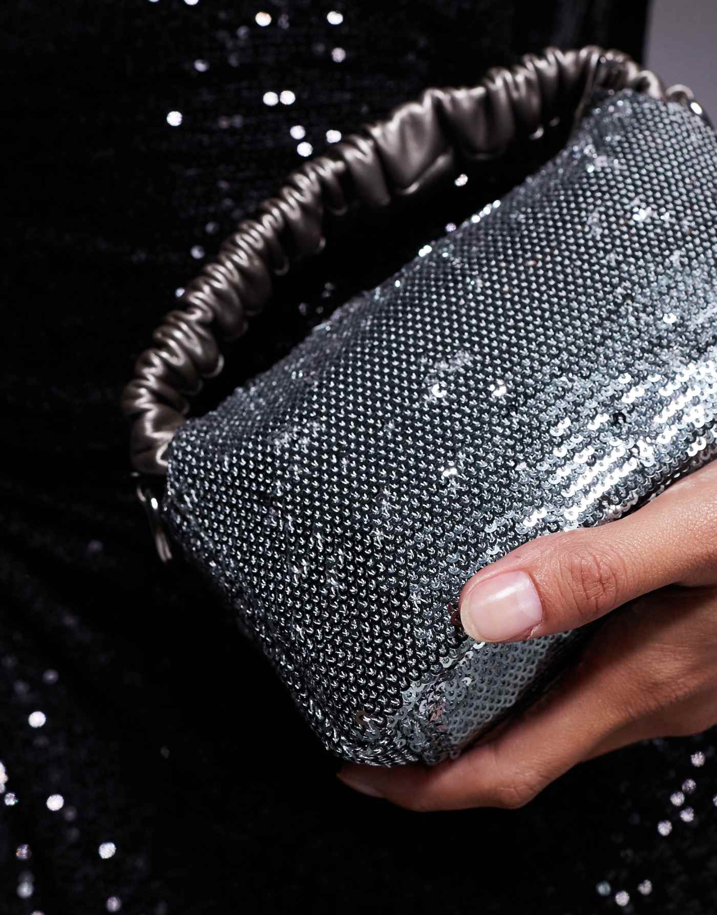 ASOS DESIGN ruched grab clutch bag with detachable cross body strap in silver sequin