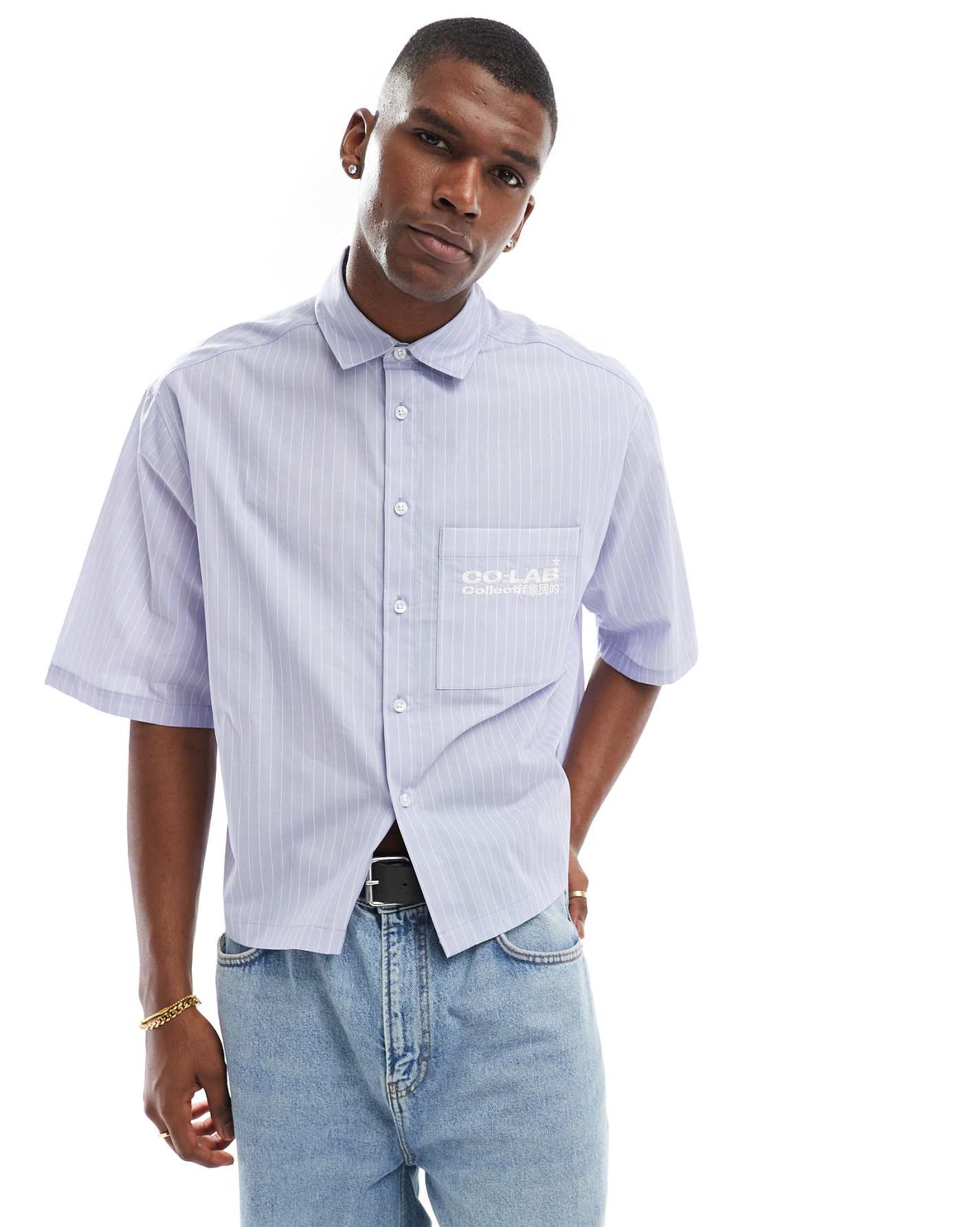 ASOS DESIGN oversized boxy shirt with embroidered pocket in blue stripe