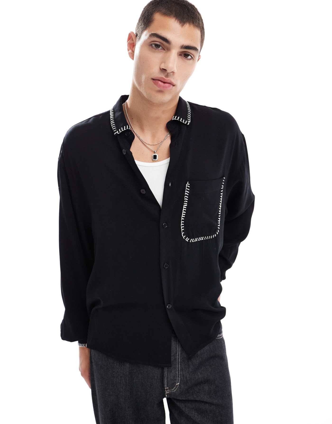 ASOS DESIGN oversized boxy long sleeve shirt with blanket stitch in black