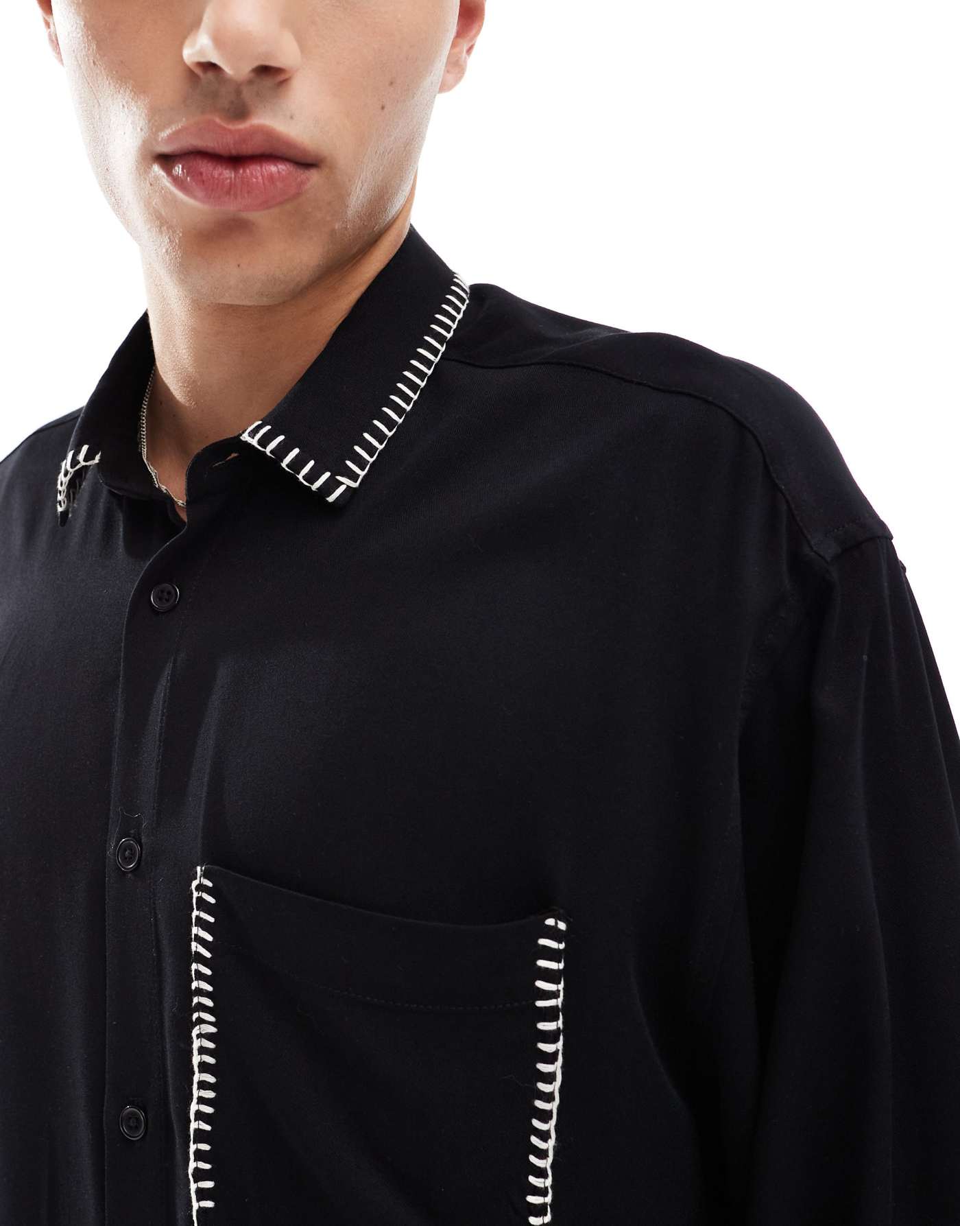 ASOS DESIGN oversized boxy long sleeve shirt with blanket stitch in black