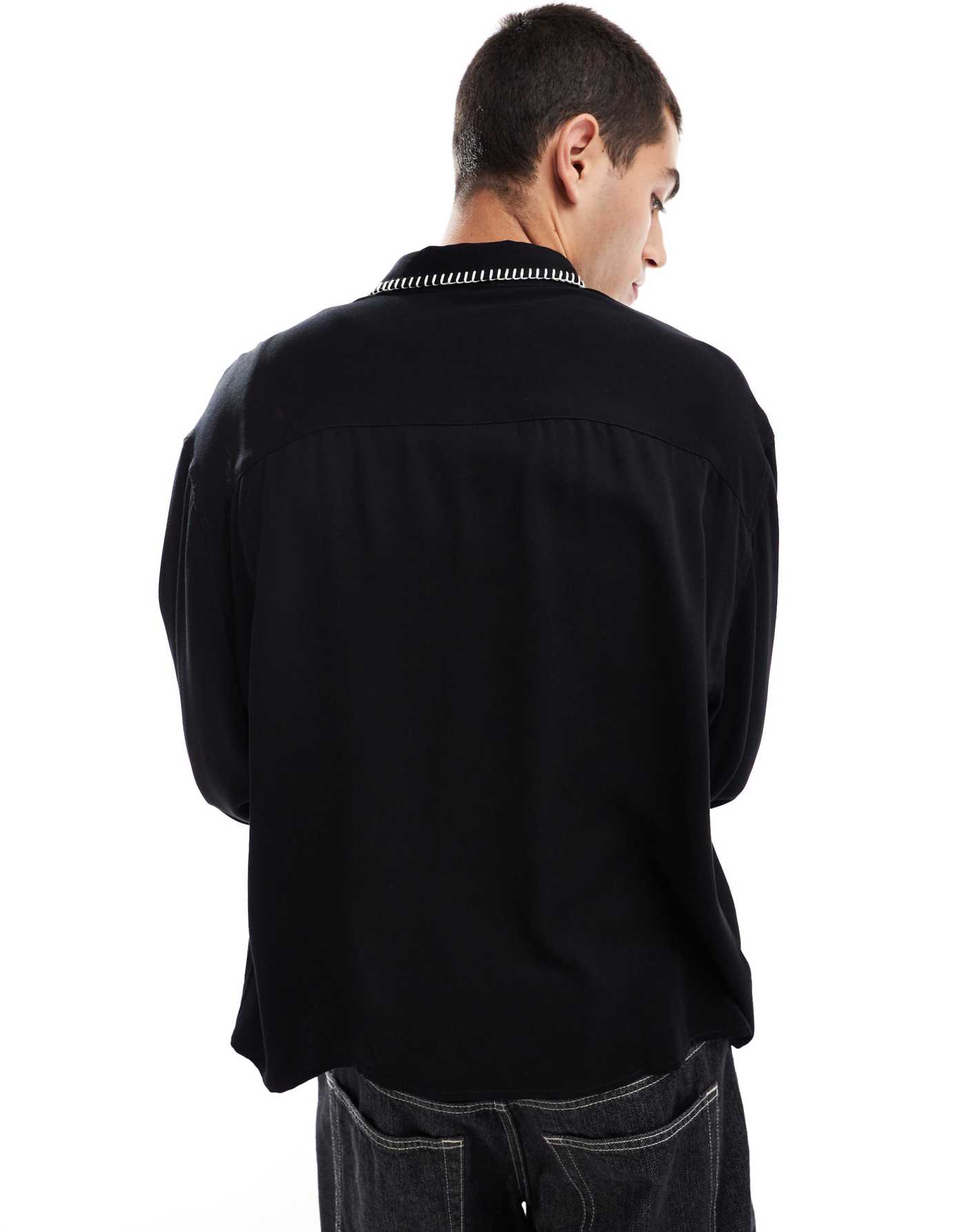 ASOS DESIGN oversized boxy long sleeve shirt with blanket stitch in black