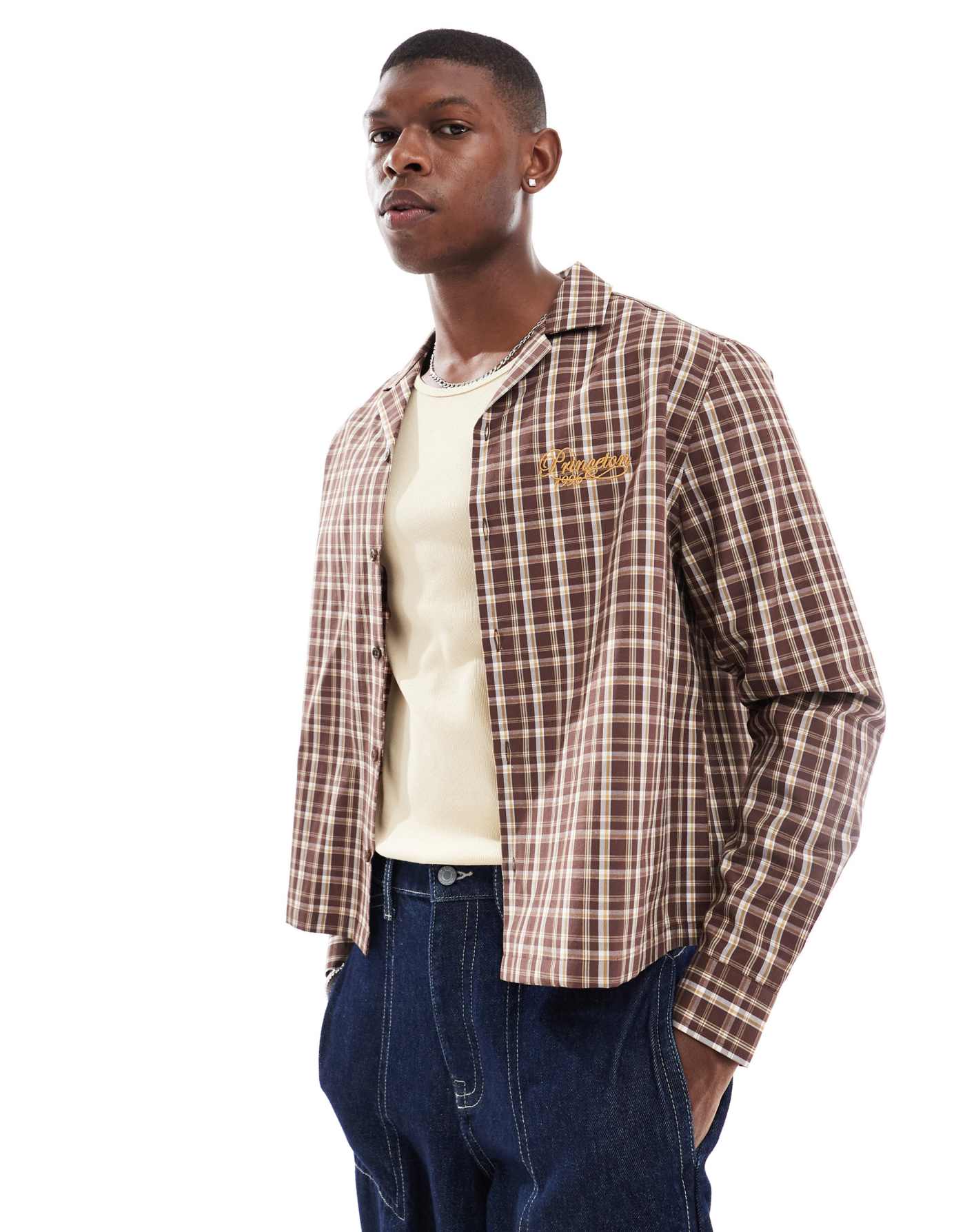 ASOS DESIGN boxy relaxed revere shirt in brown check with chest embroidery