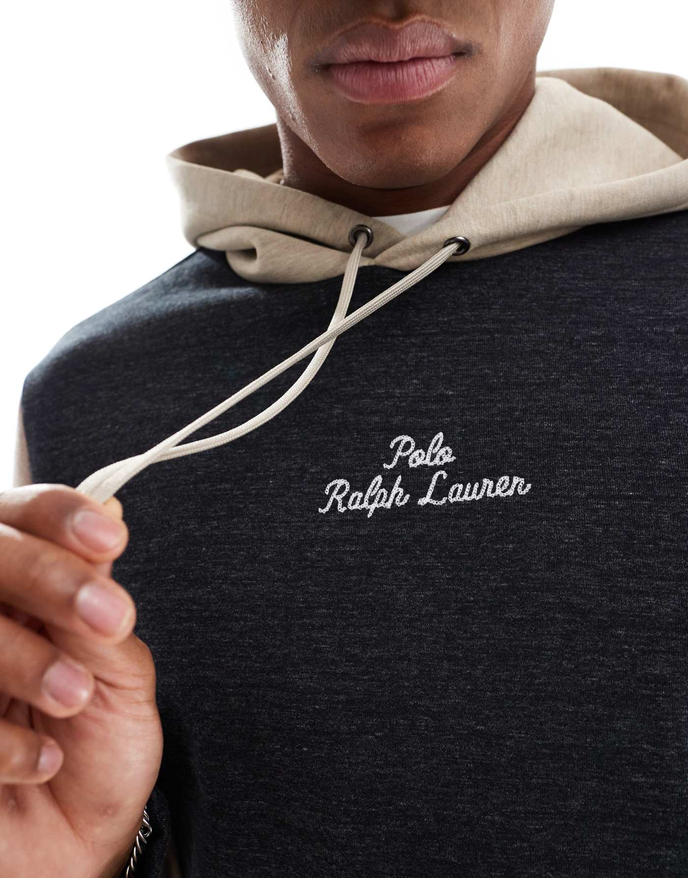 Polo Ralph Lauren central script logo colourblock double knit hoodie in black marl multi