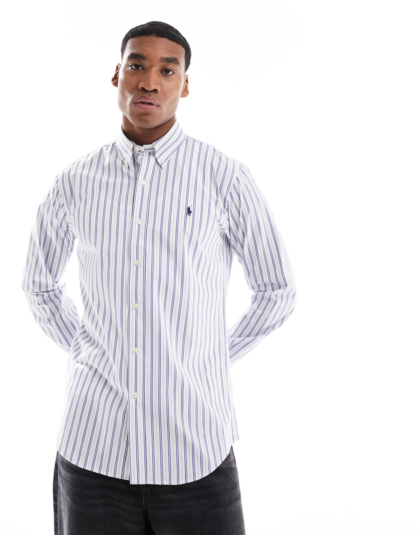 Polo Ralph Lauren icon logo multi stripe stretch poplin shirt in white/blue