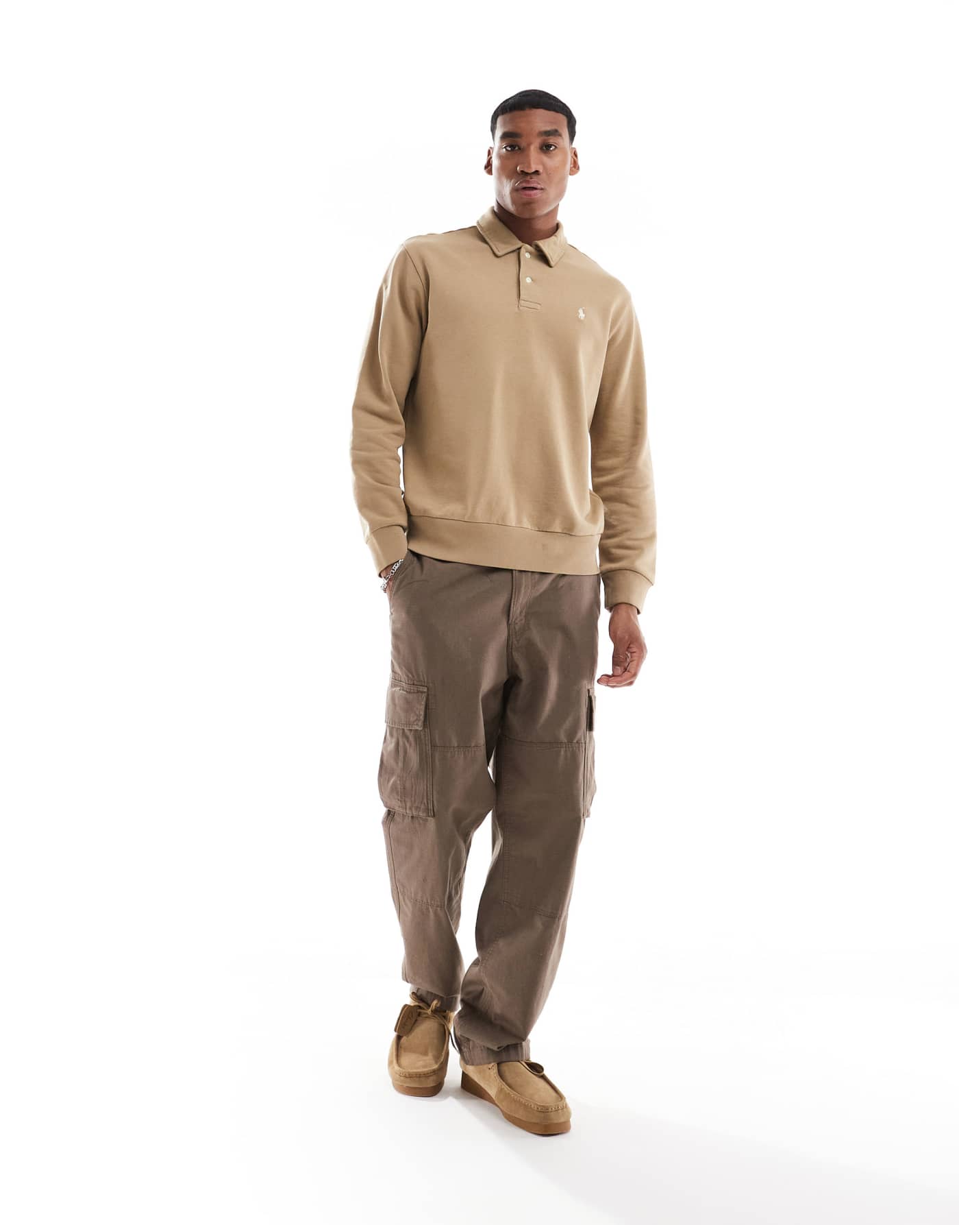 Polo Ralph Lauren icon logo half zip loopback terry sweatshirt in khaki tan