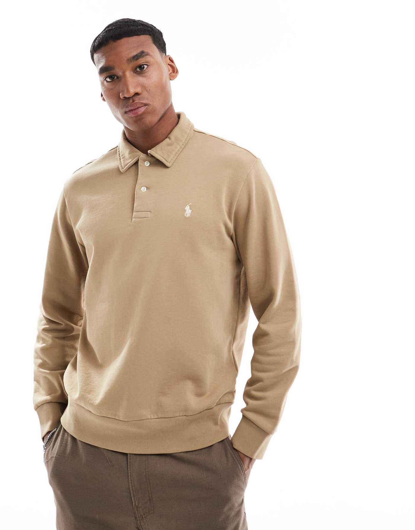 Polo Ralph Lauren icon logo half zip loopback terry sweatshirt in khaki tan