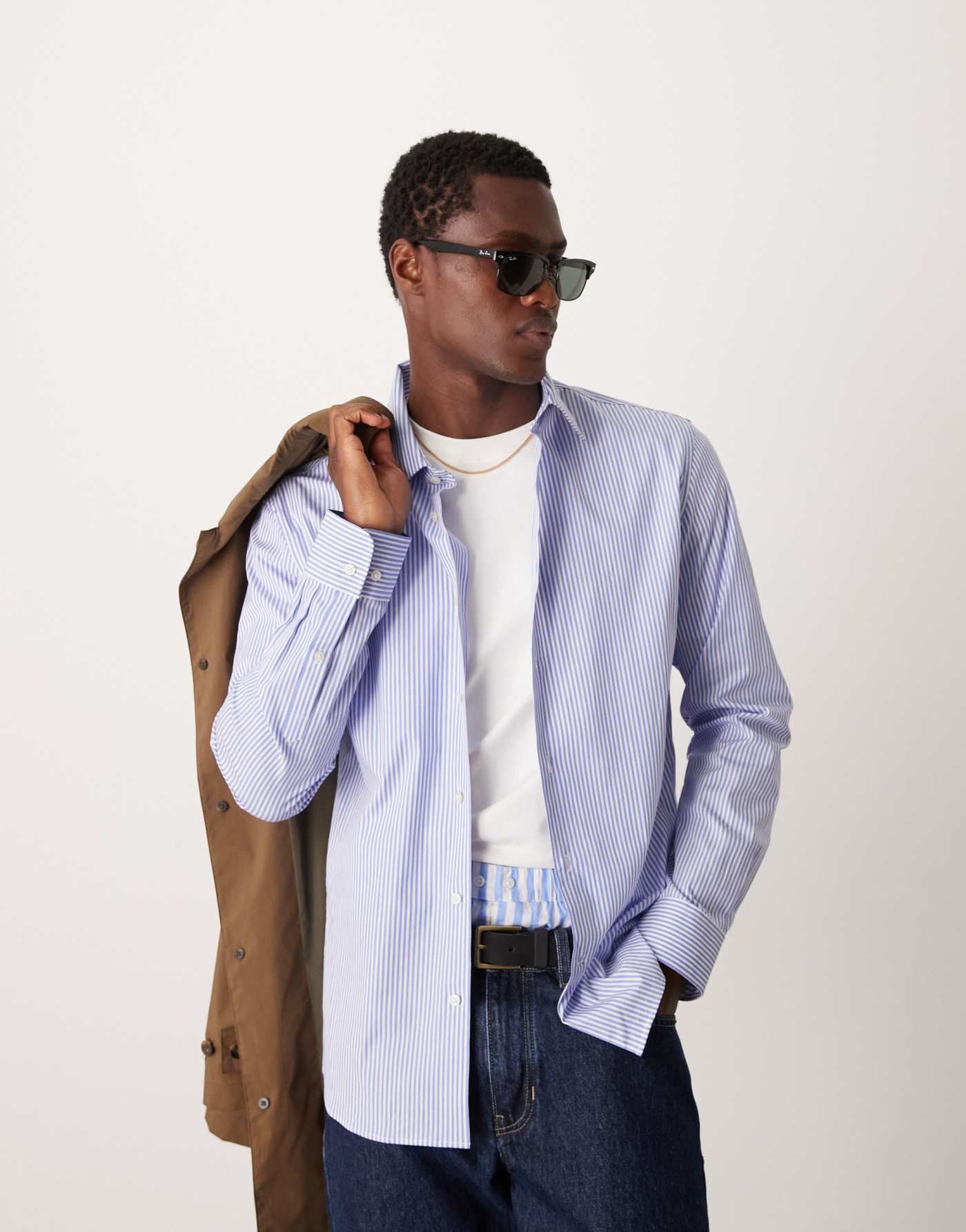 Mango slim fit button down stripe shirt in blue