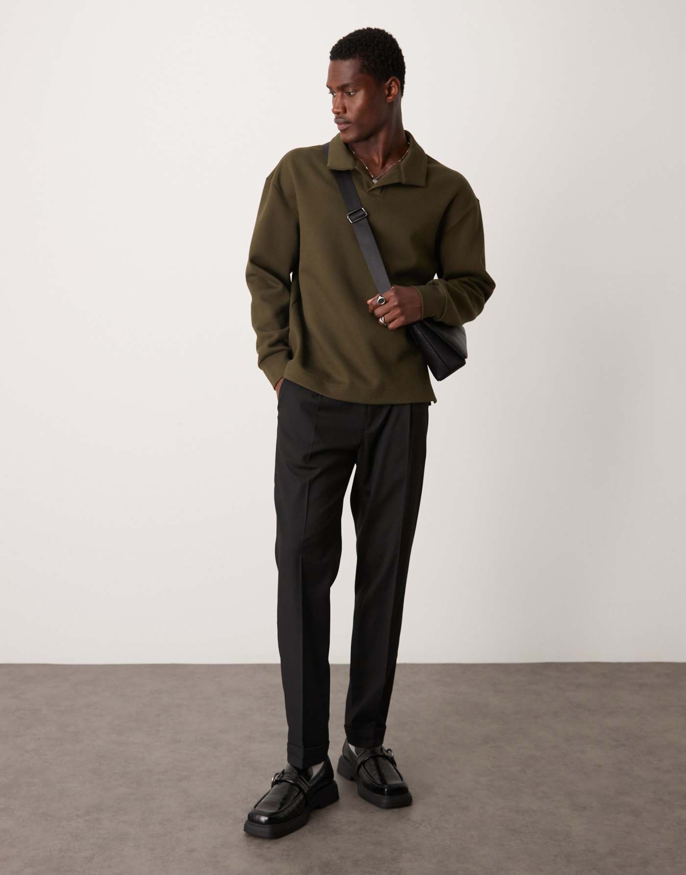 Mango soft touch polo sweatshirt in khaki