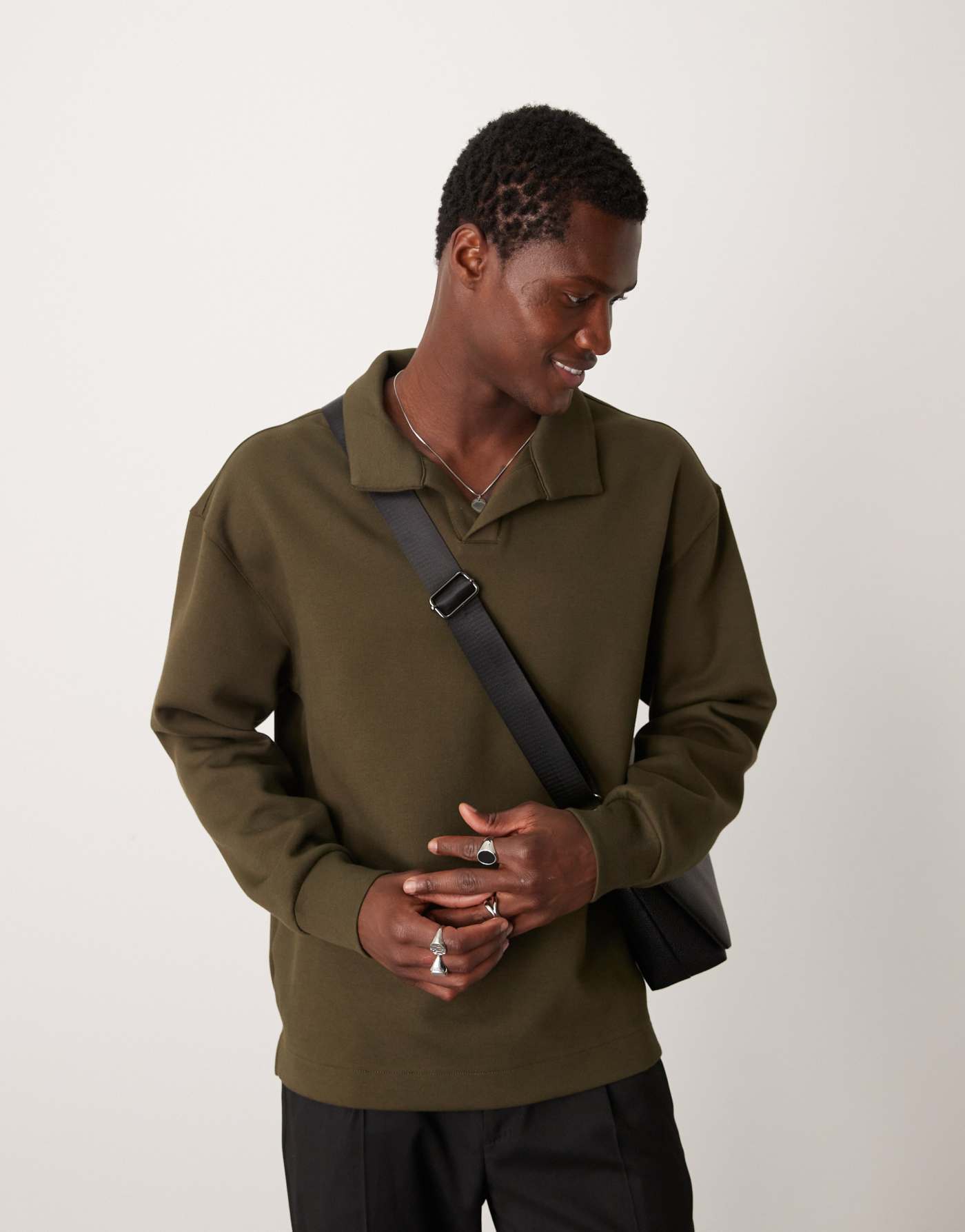 Mango soft touch polo sweatshirt in khaki