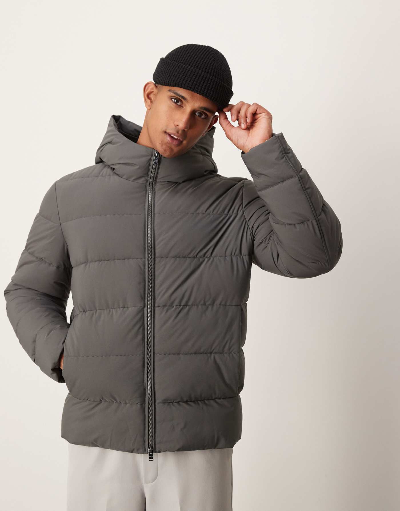 Mango technology hooded puffer jacket in charcoal