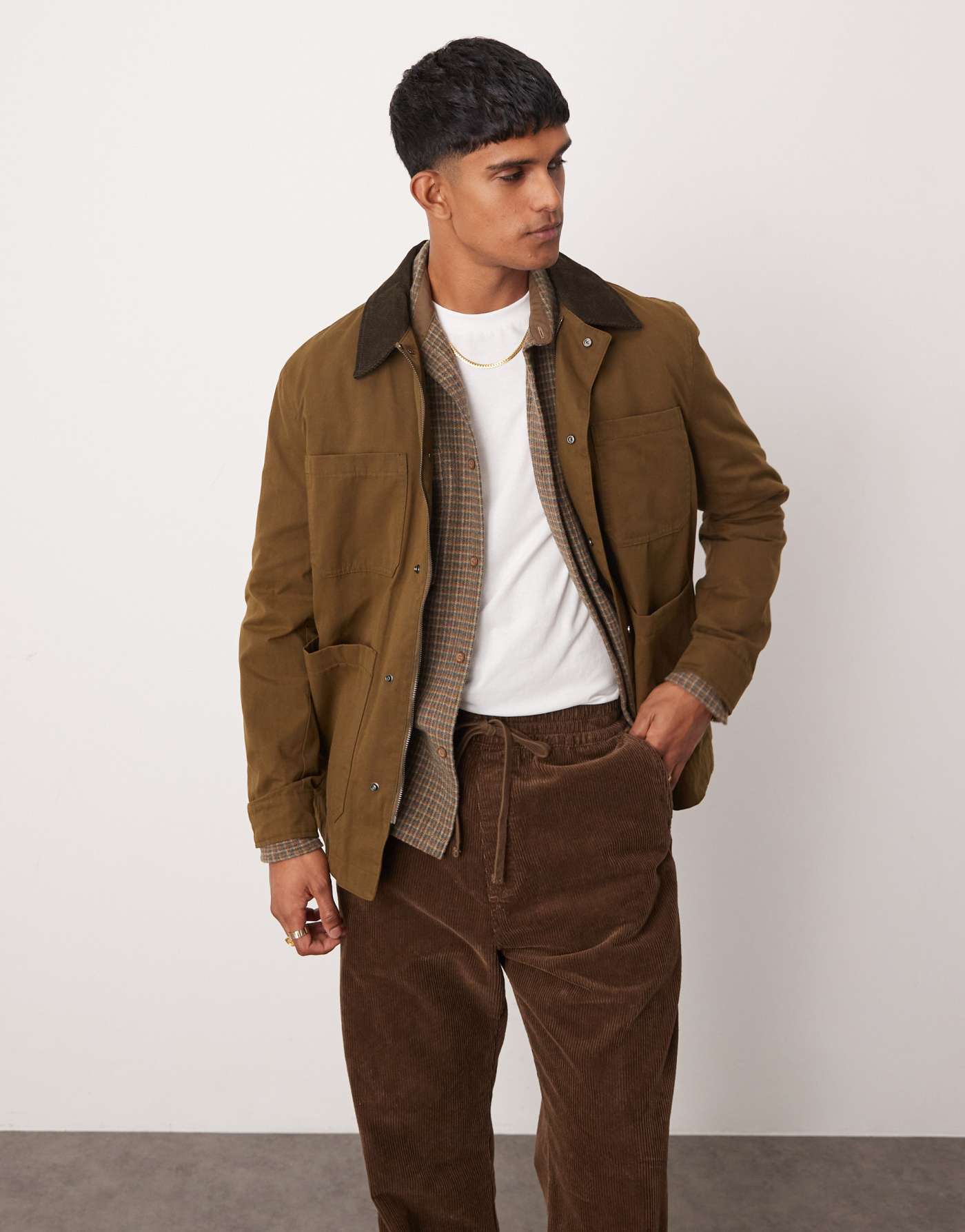 Mango contrast collar button down wax jacket in khaki