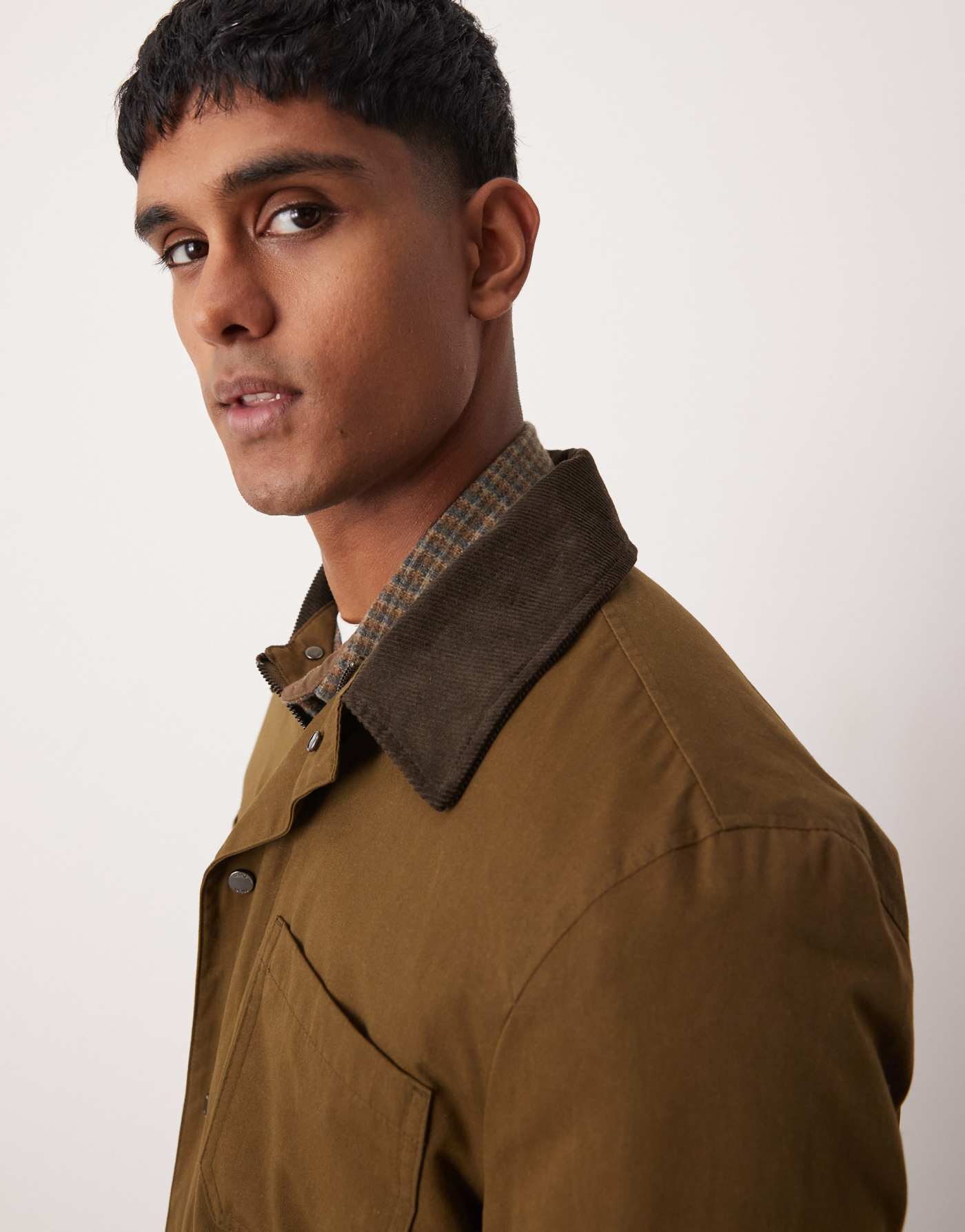 Mango contrast collar button down wax jacket in khaki