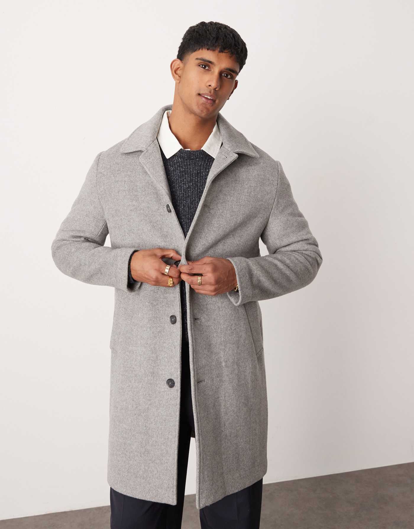 Mango wool mix mid length herringbone coat in grey