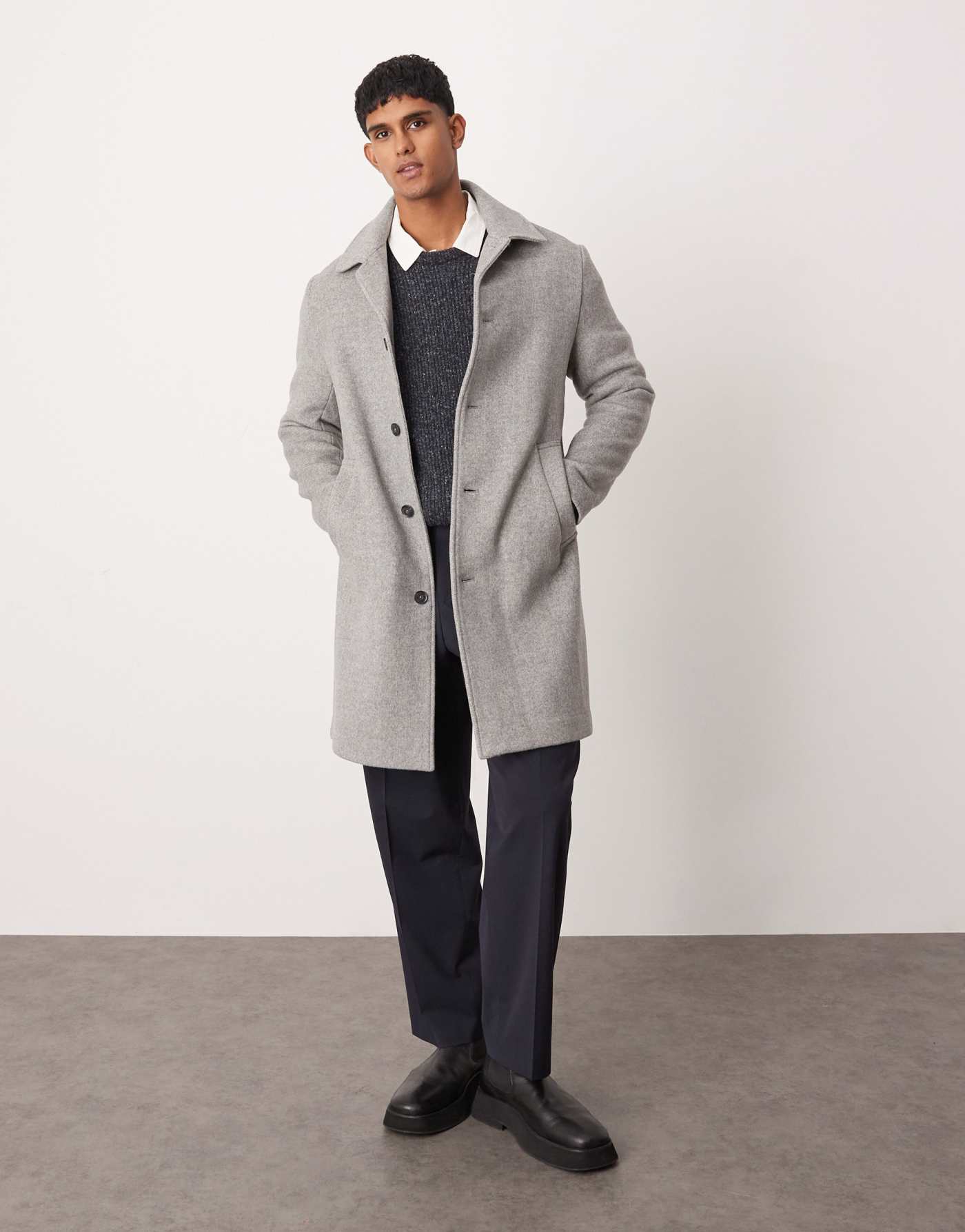 Mango wool mix mid length herringbone coat in grey