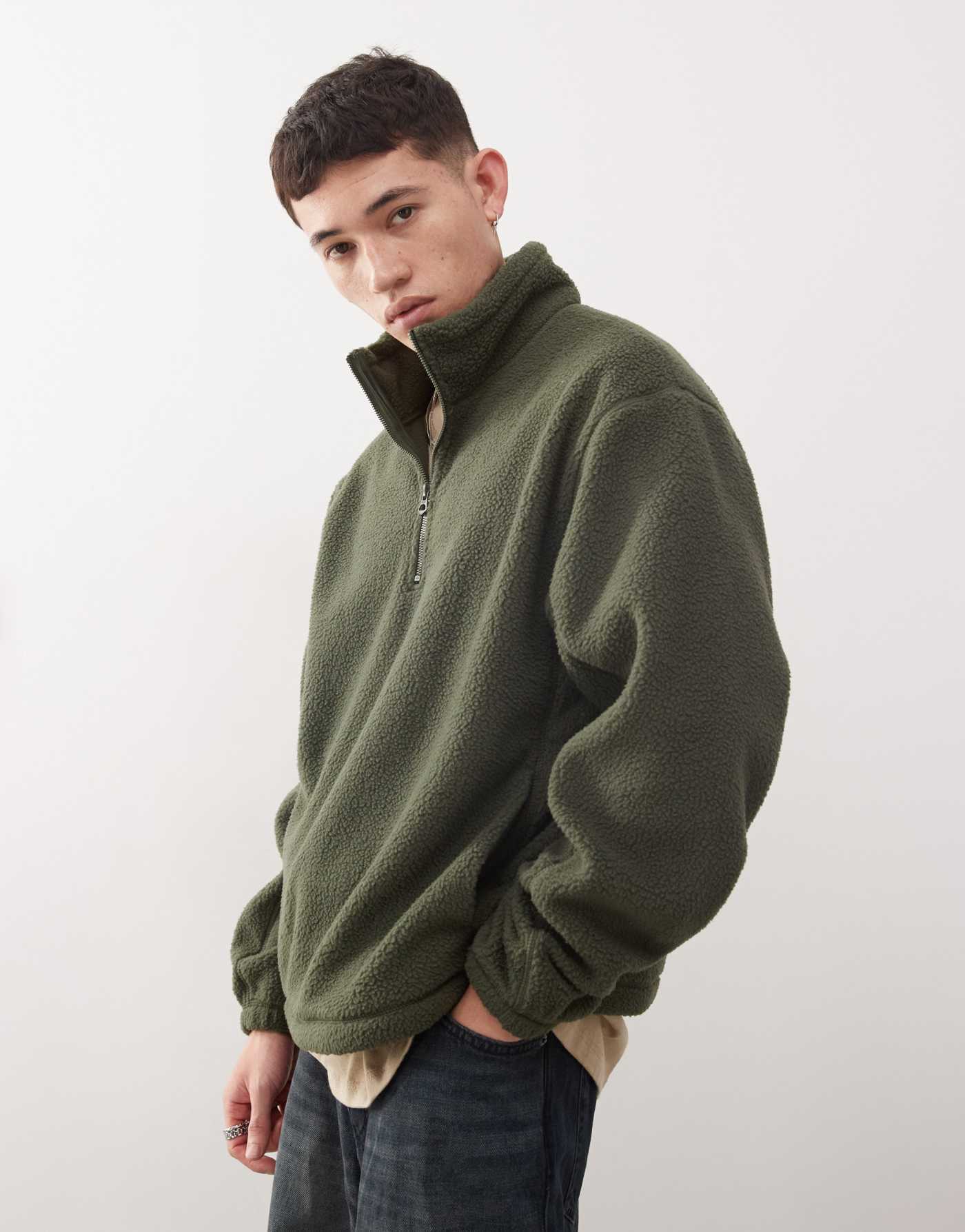 Weekday Travis half zip borg fleece sweatshirt in khaki