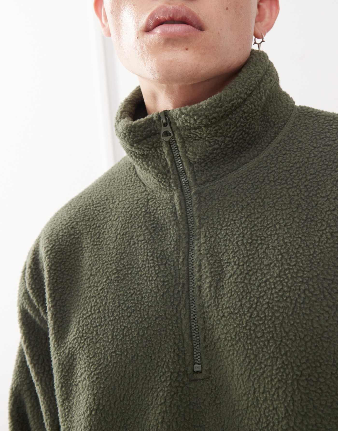 Weekday Travis half zip borg fleece sweatshirt in khaki