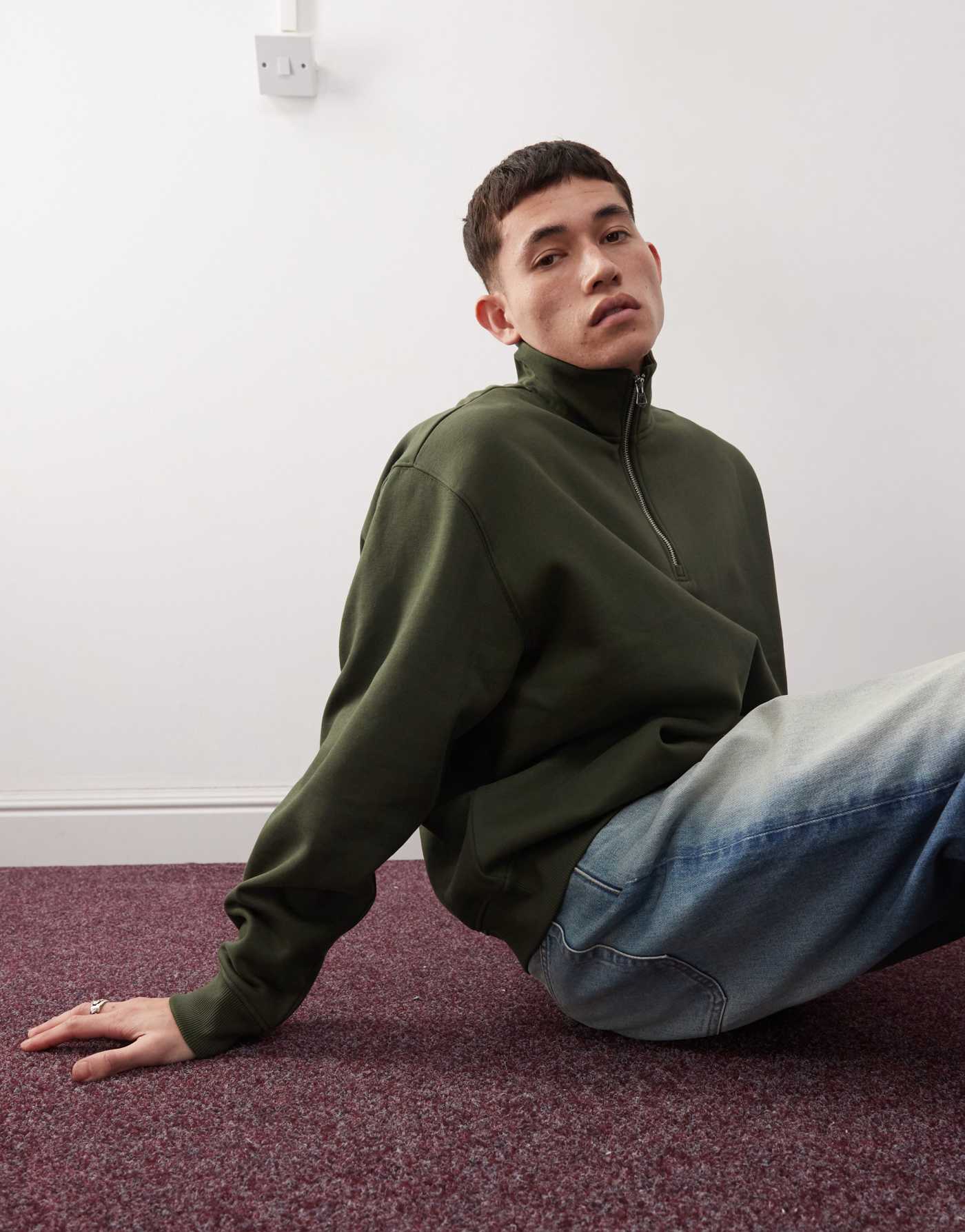 Weekday oversized heavyweight jersey half zip sweatshirt in khaki