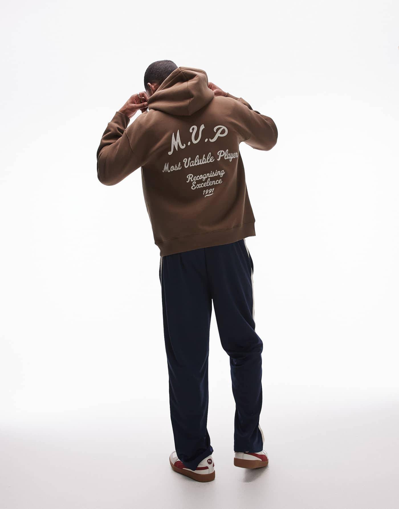 Topman oversized fit hoodie with front and back MVP embroidery in brown