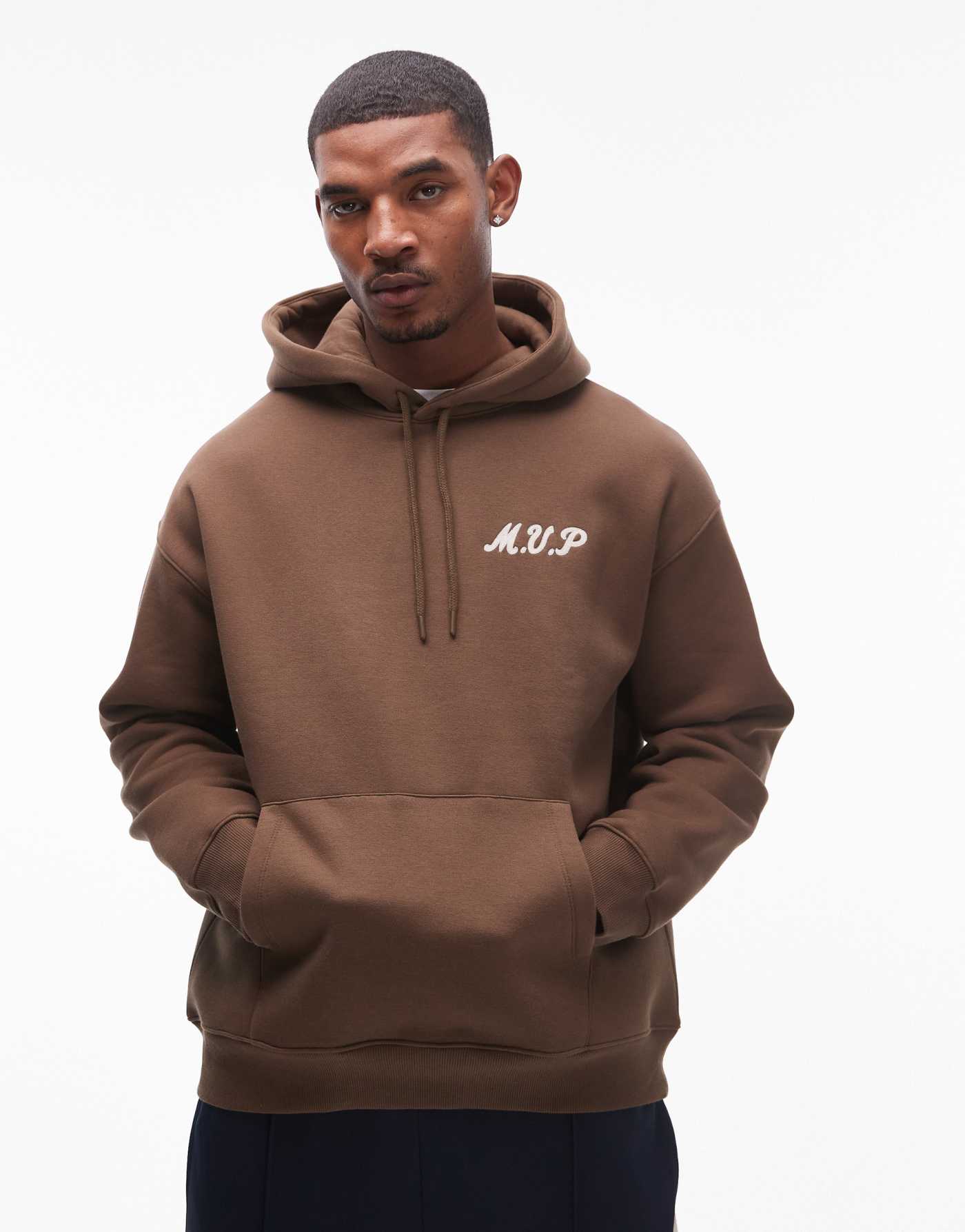 Topman oversized fit hoodie with front and back MVP embroidery in brown