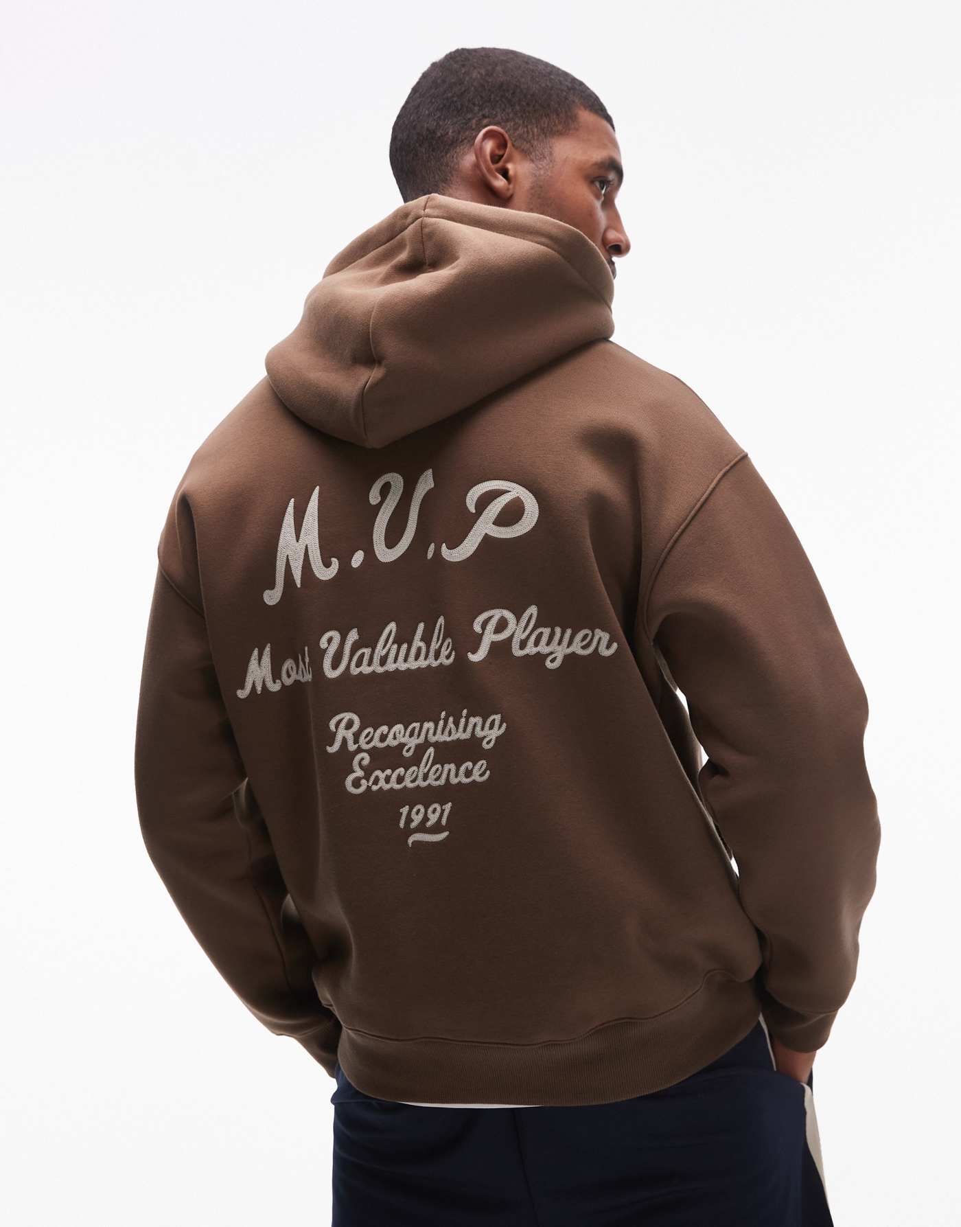 Topman oversized fit hoodie with front and back MVP embroidery in brown